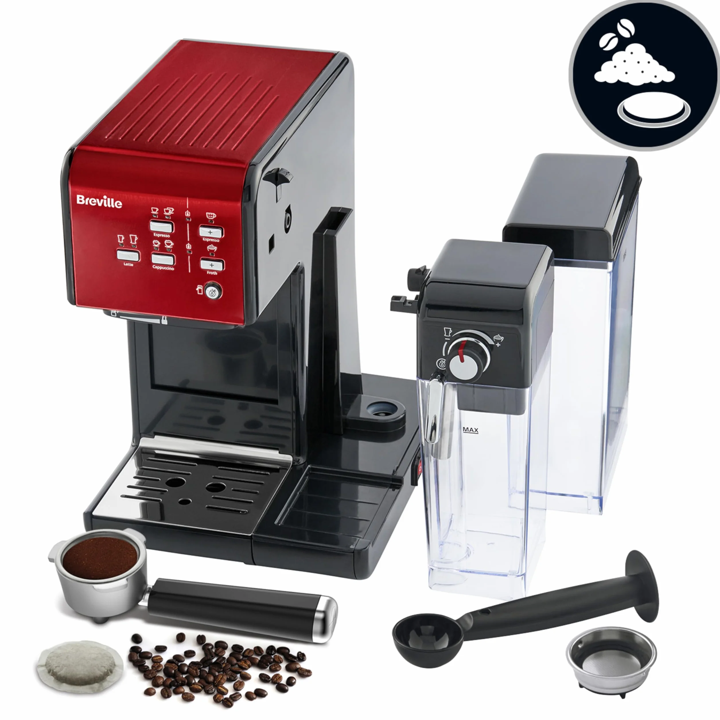 Breville Ekspres do kawy Kolbowy PrimaLatte II VCF109X, 19 Bar, Zintegrowany automatyczny spieniacz do mleka, wyjmowany pojemnik na mleko, Czerwony