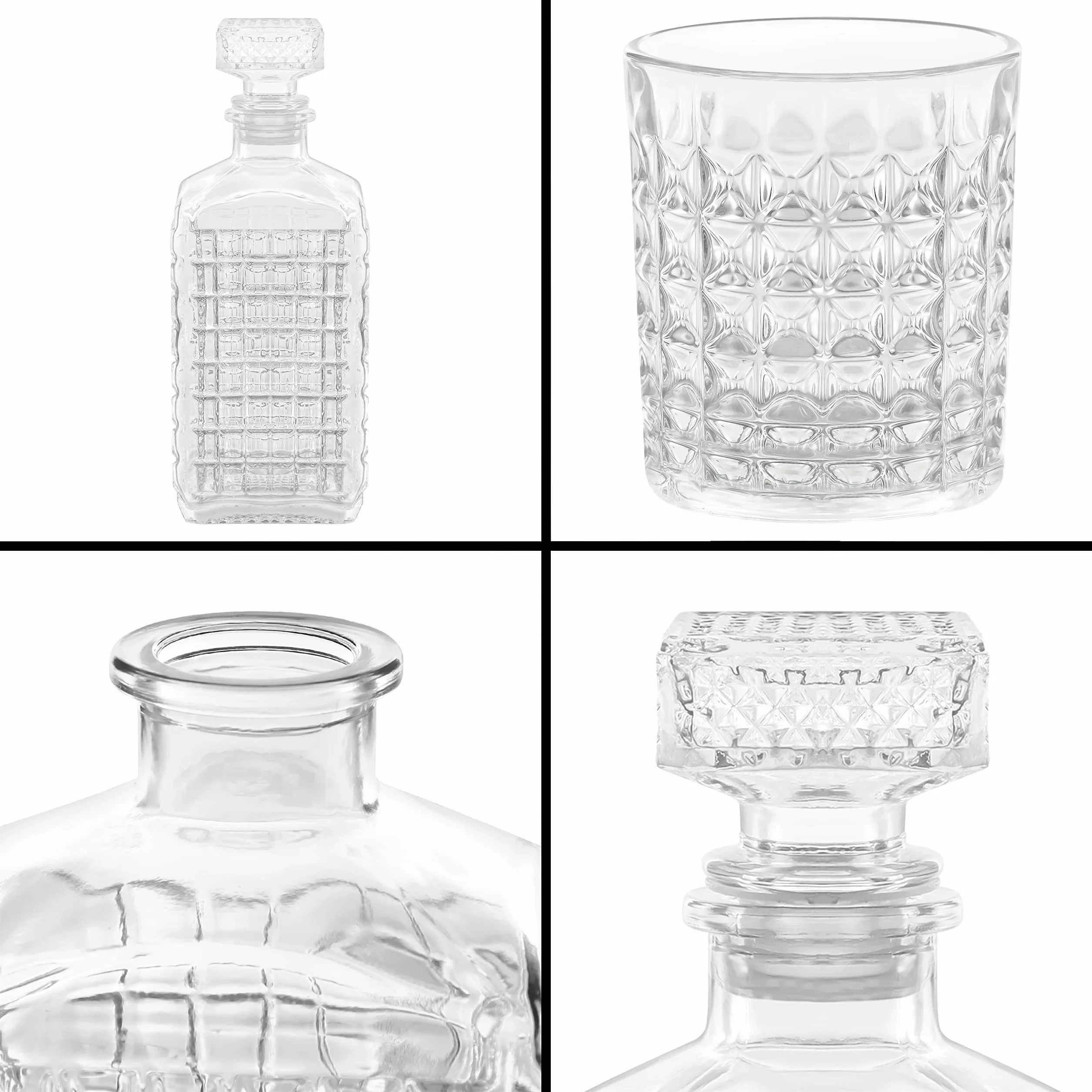 Belle Vous Szklana karafka do whisky (5 sztuk) – karafka na alkohol 500 ml z 4 grawerowanymi szklankami 260 ml – zestaw karafek idealny do whisky, wina, brandy, burbonu i innych trunków