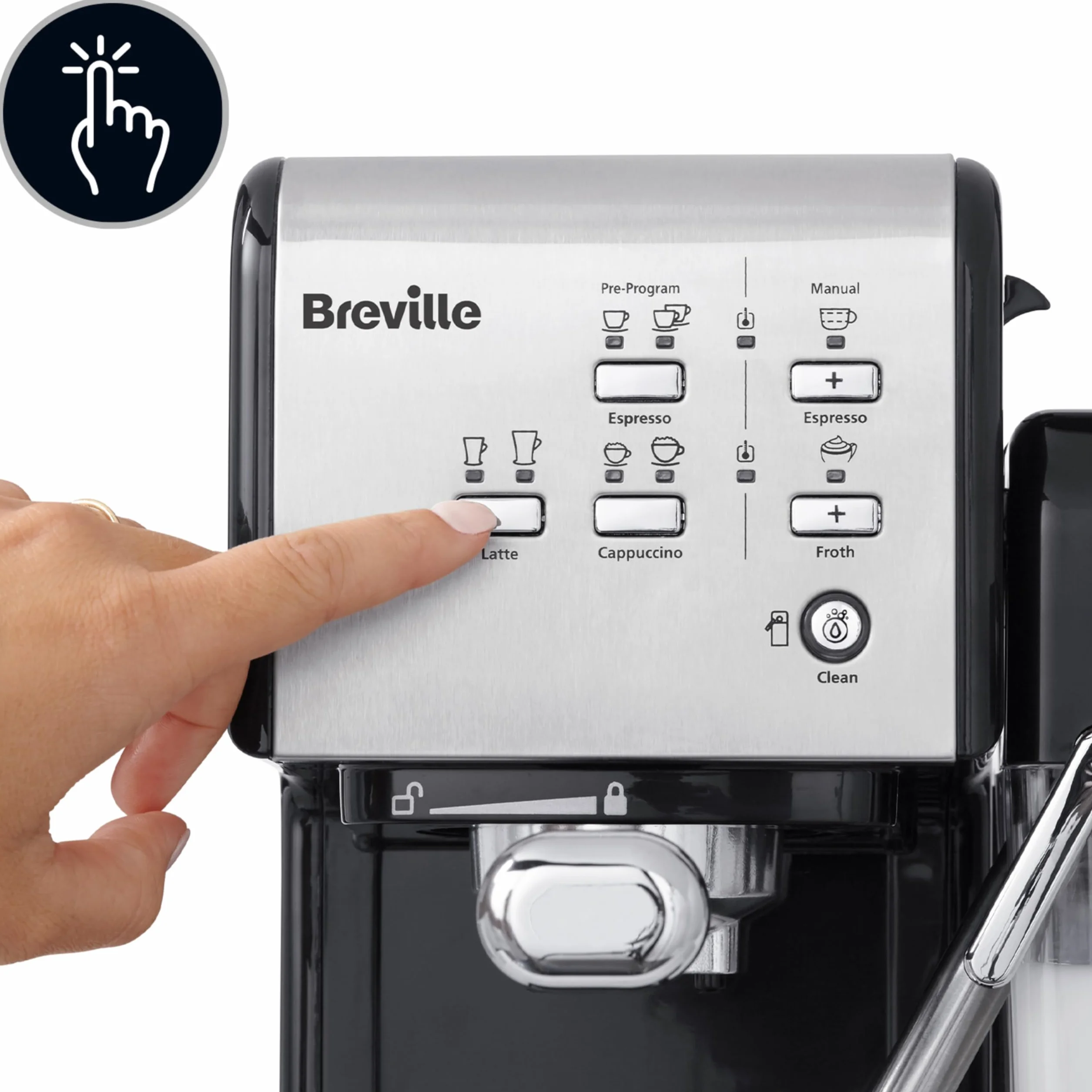 Breville Ekspres do kawy Kolbowy PrimaLatte II VCF108X, 19 Bar, Zintegrowany automatyczny spieniacz do mleka, wyjmowany pojemnik na mleko, Srebrny