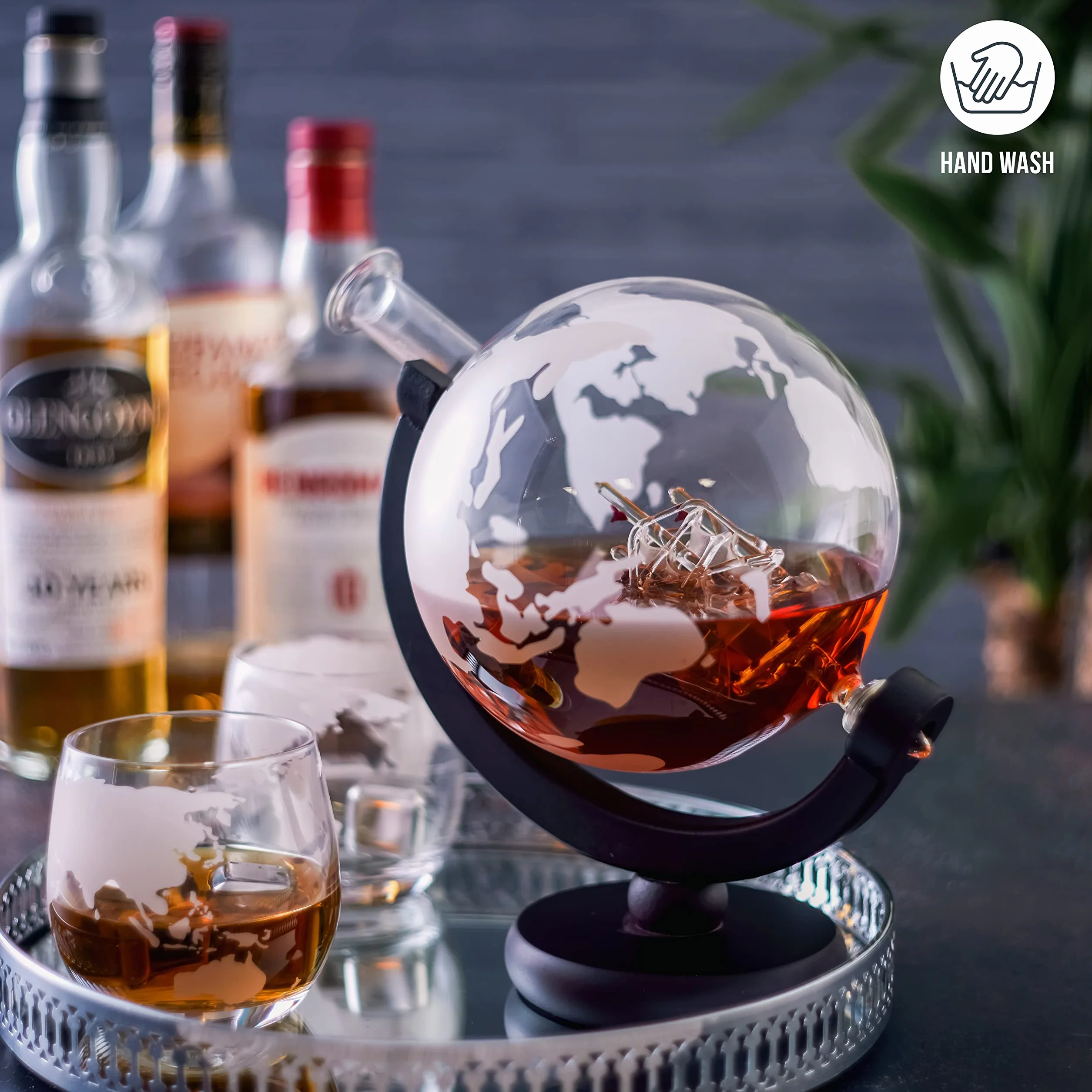 Oak & Steel - Karafka do Whisky Globe (XL 1500ml) z 2 Szklankami, 4 Kamieniami Whisky ze Stali Nierdzewnej, 1 Szczypcami do Lodu i Nie Tylko - Prezent dla Mężczyzn, Dzień Ojca, Boże Narodzenie