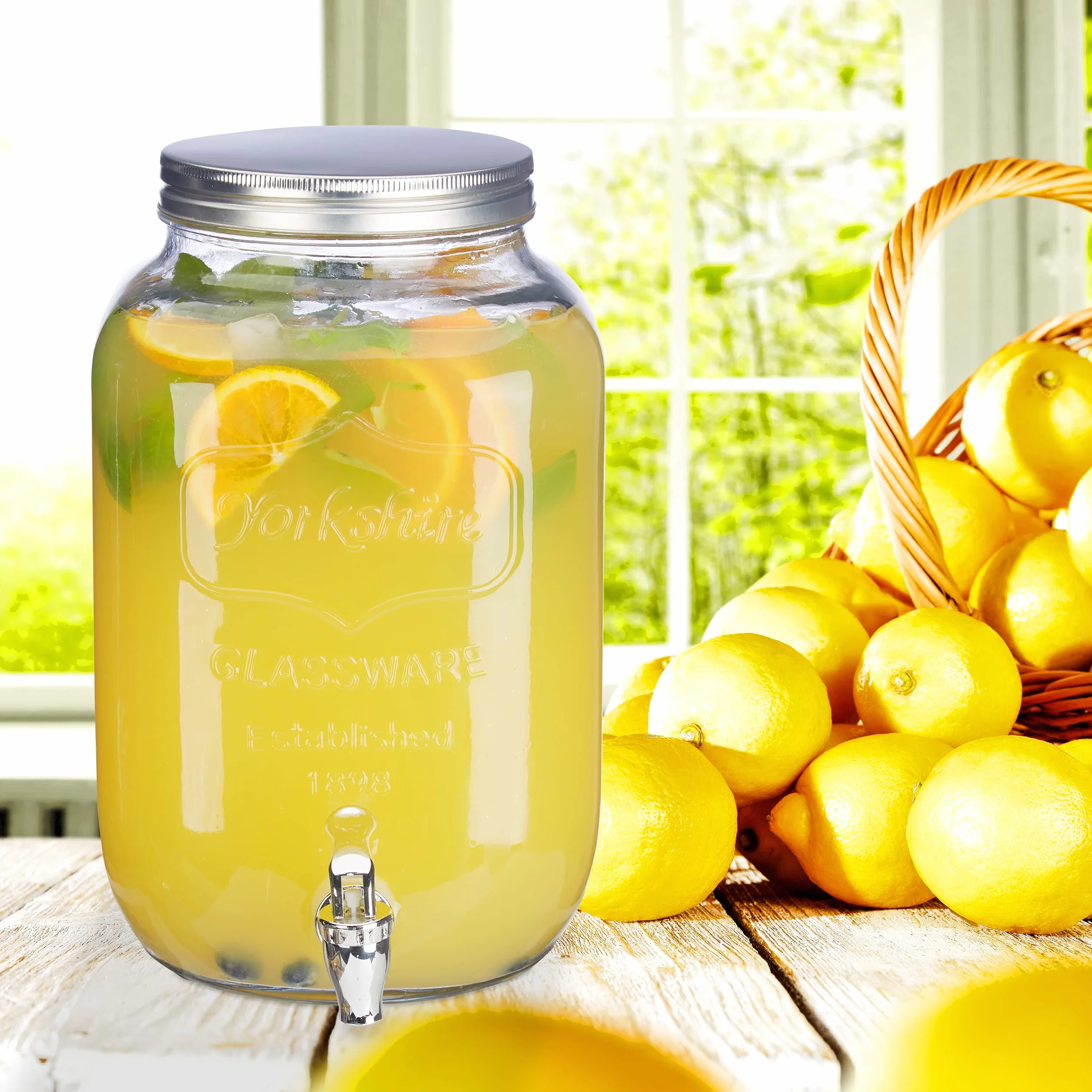 Relaxdays Dozownik do napojów 8 l, szklany, kranik, retro dozownik soków gastronomicznych, styl vintage, dozownik lemoniady, impreza ogrodowa, przezroczysty