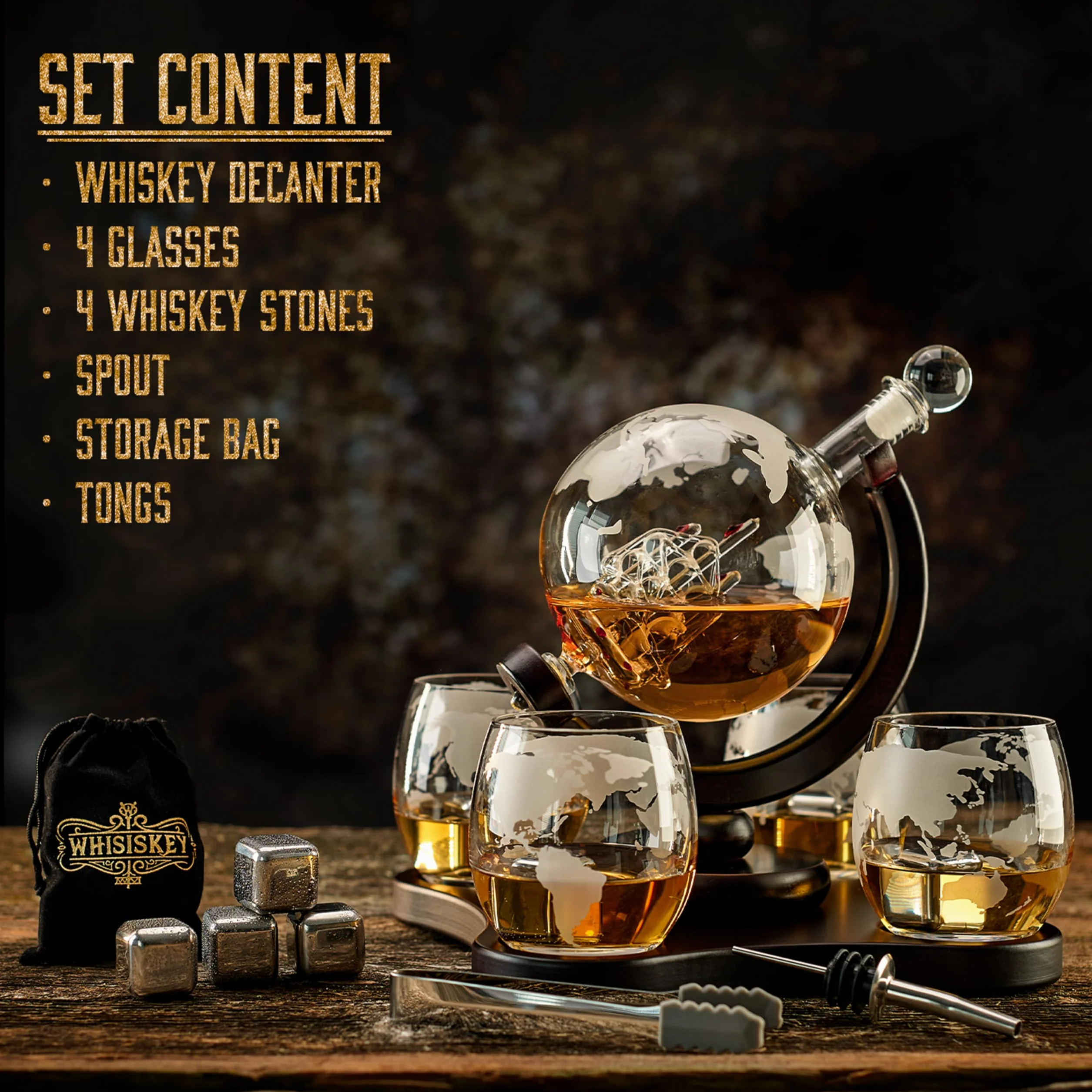 WHISISKEY Zestaw Karafka do Whisky - Zestaw Prezentowy Whiskey - Prezenty dla Mężczyzn - Pomysły na Prezent dla Mężczyzny - Kulista Karafka 900ML, 4 Szklanki do Whisky, 4 Kamienie do Whisky