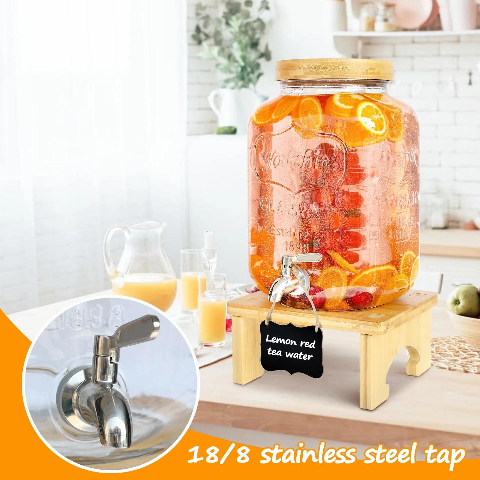 Dozownik do napojów ze stojakiem, 7,6 l, szklany dozownik do napojów z kranikiem z litej stali nierdzewnej, do mrożonych soków, wody, domowych napojów, na imprezy, wesela