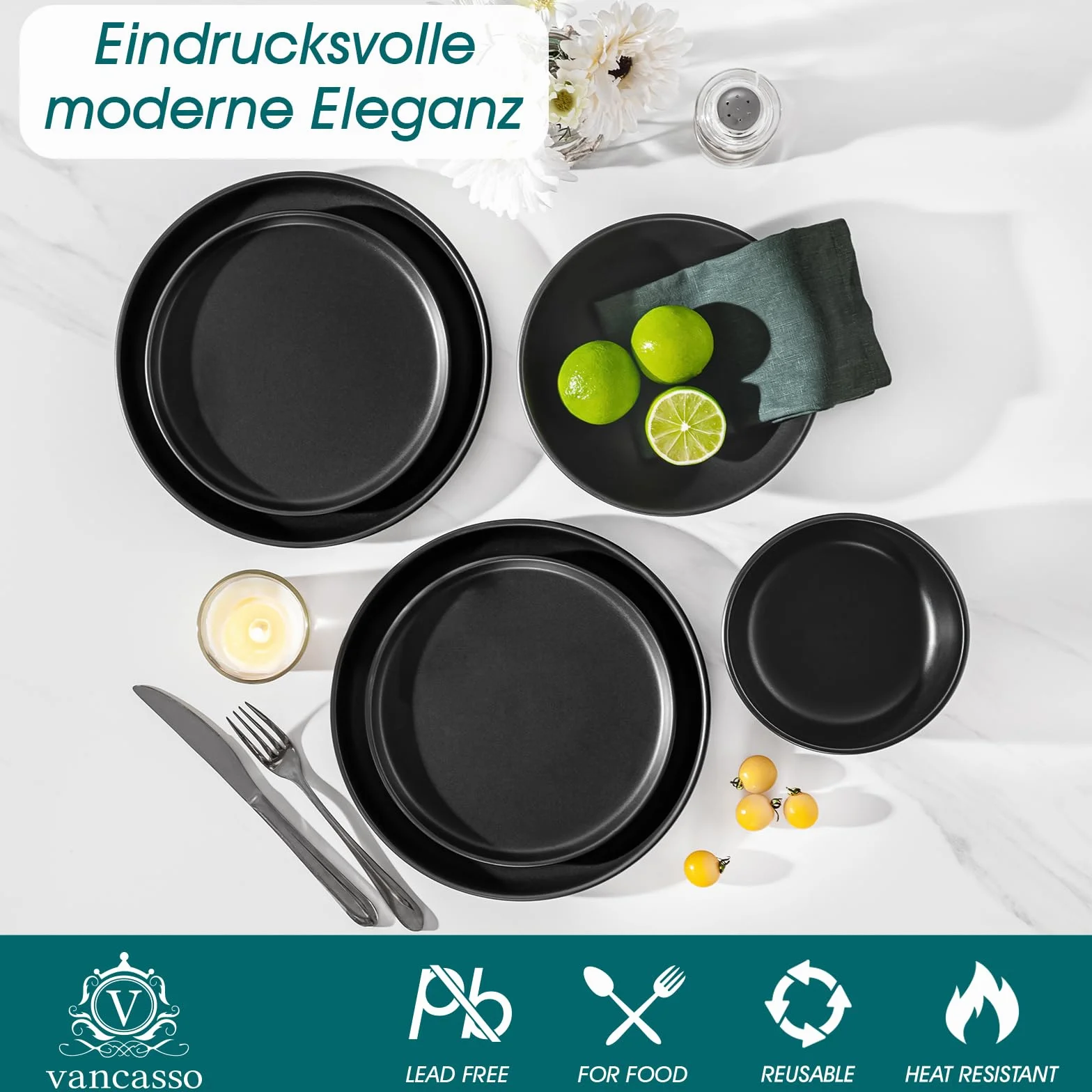 Vancasso 24-częściowy zestaw obiadowy Playa dla 6 osób, matowa glazura, czarny
