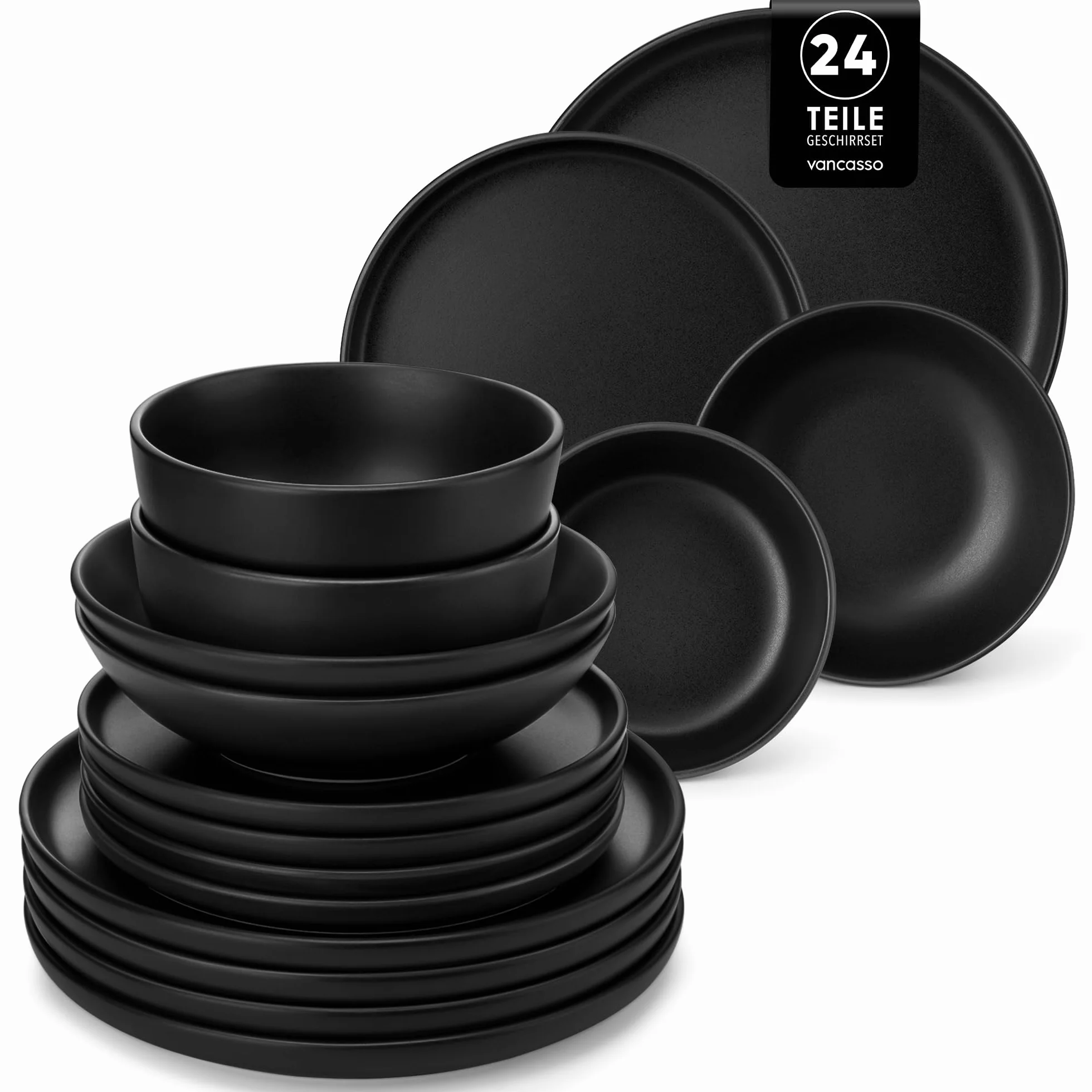 Vancasso 24-częściowy zestaw obiadowy Playa dla 6 osób, matowa glazura, czarny