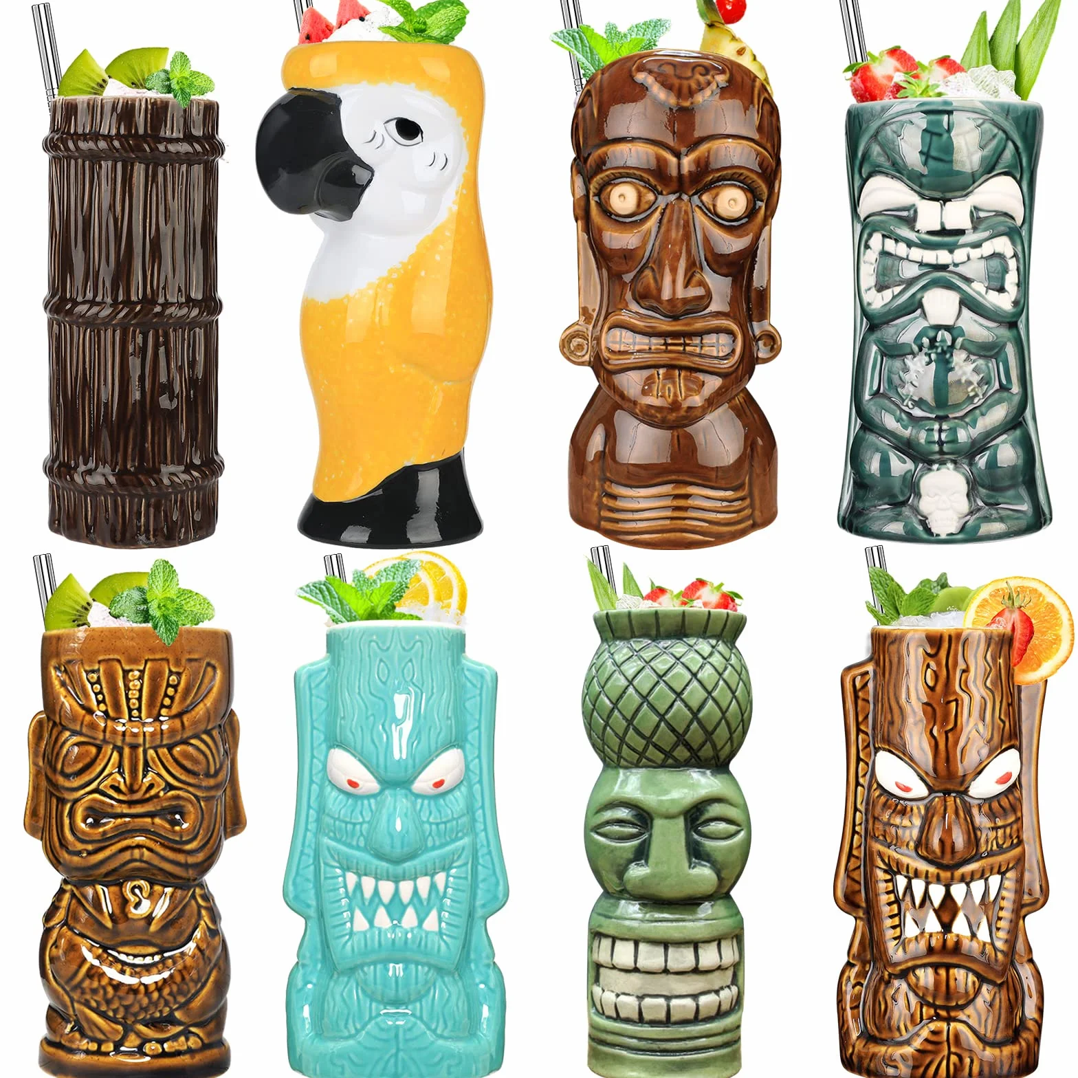 Tiki zestaw 8-częściowy zestaw szklanek koktajlowych, kolorowe ceramiczne kubki koktajlowe, kreatywna dekoracja na imprezę hawajską na egzotyczne imprezy, do baru, koktajli