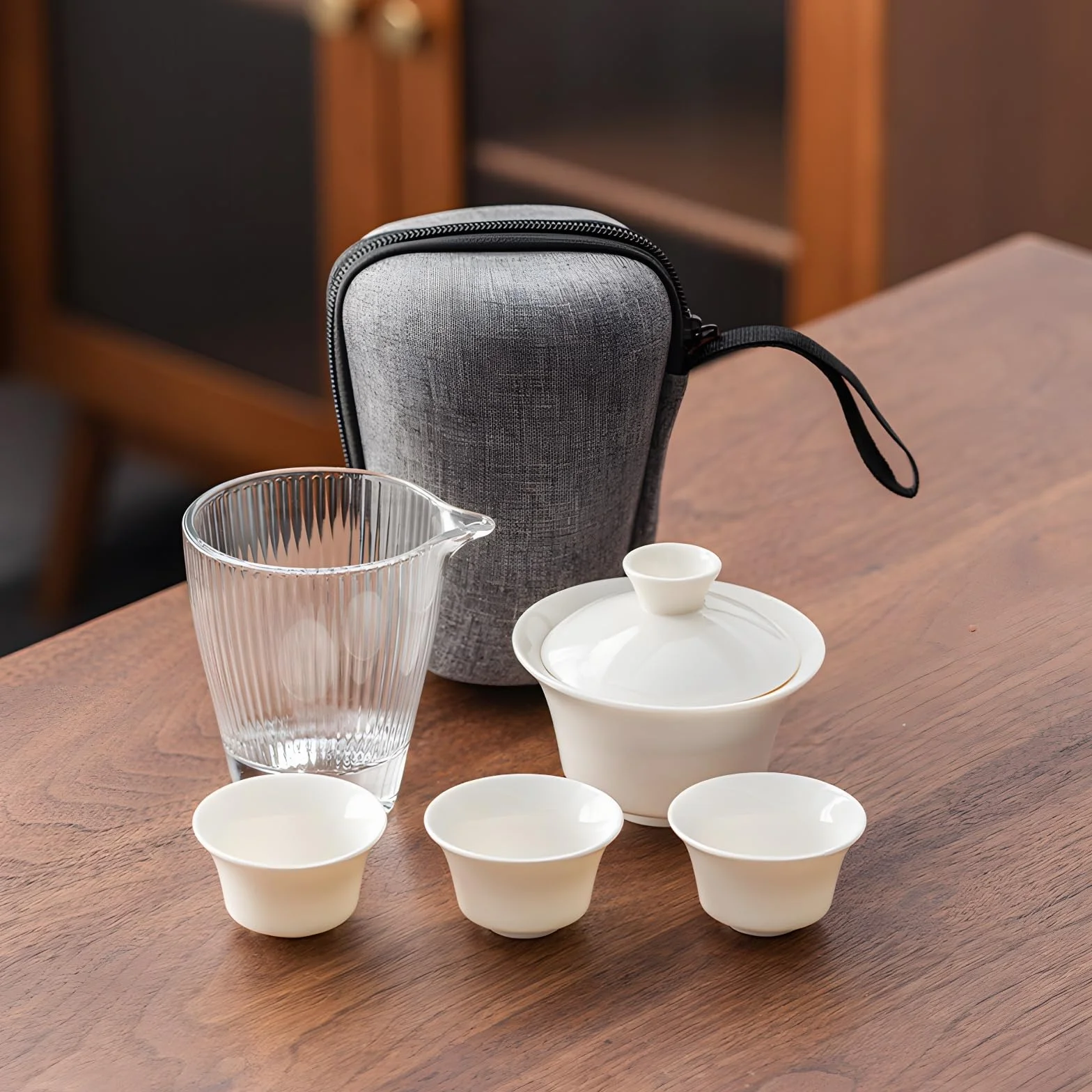 TFixol Ceramiczny podróżny zestaw do herbaty Gaiwan Kungfu, chiński nefryt suetowy białej porcelany zestaw misek do herbaty, przenośny do domu biznes hotel biały zestaw-5