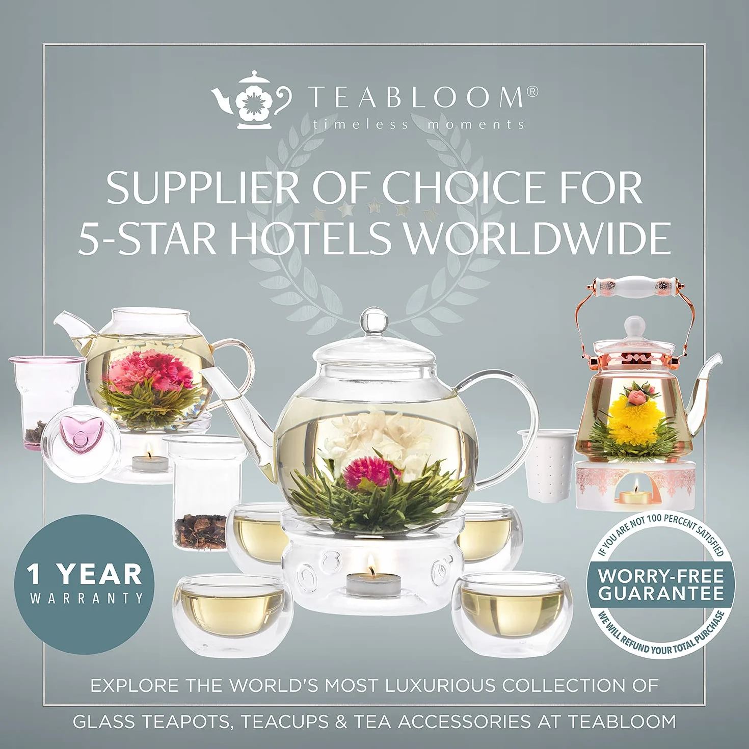 Teabloom Kompletny zestaw do herbaty – szklany czajniczek (1,2 l), zaparzacz do herbaty sypanej, 2 izolowane szklane filiżanki – elegancki zestaw upominkowy 12 kwitnących herbat