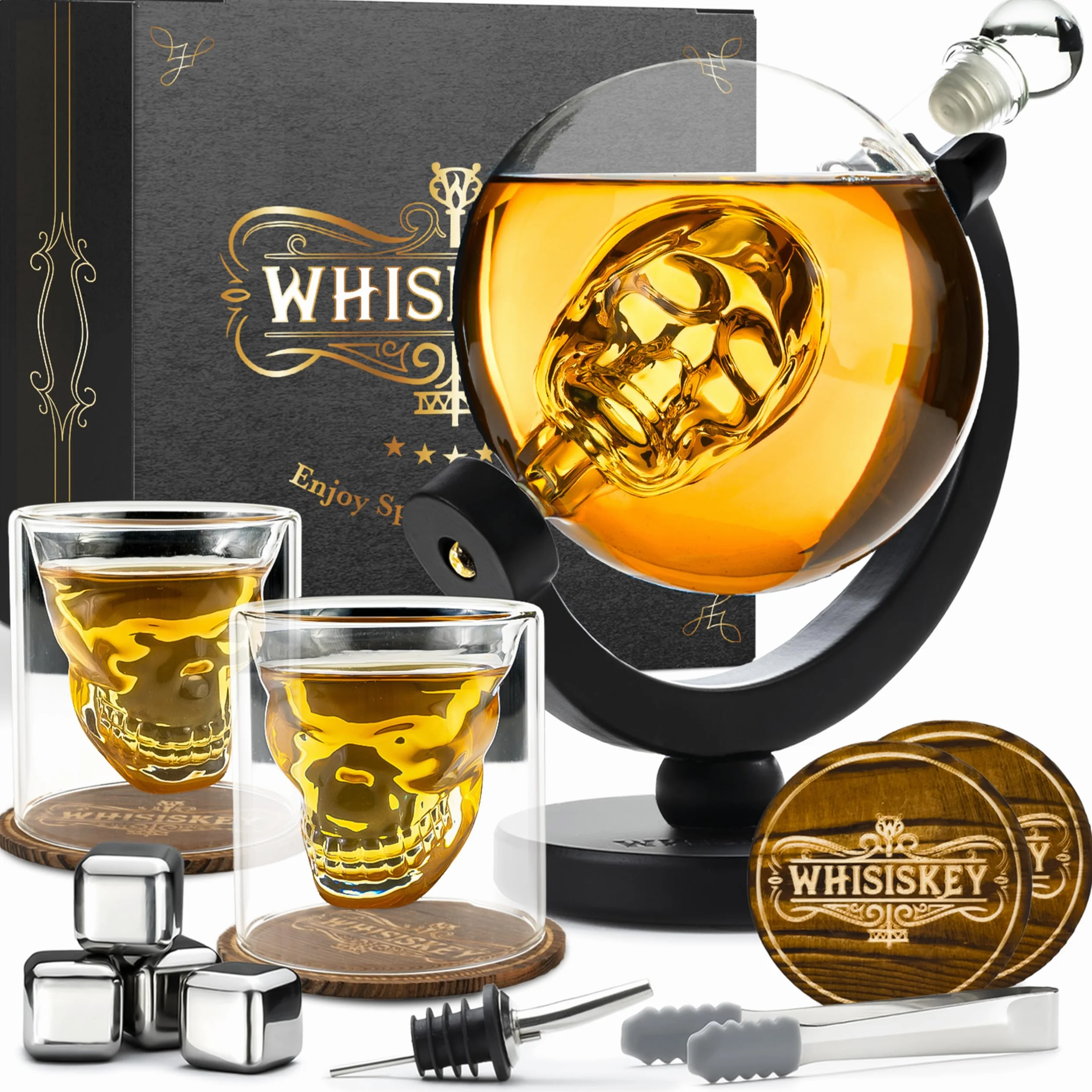 WHISISKEY Zestaw Karafka do Whisky - Zestaw Prezentowy Whiskey - Prezenty dla Mężczyzn - Pomysły na Prezent dla Mężczyzny - Czaszka Karafka 900ML, 2 Szklanki do Whisky, 4 Kamienie do Whisky, Akcesoria