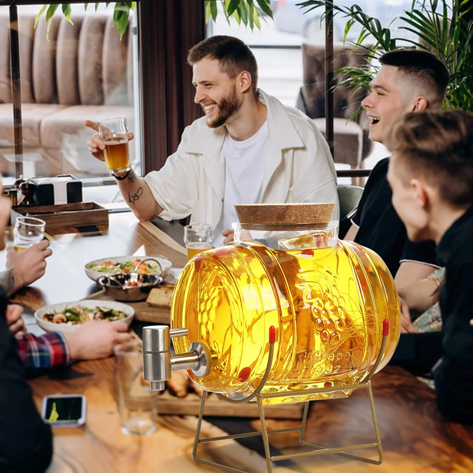 Dozownik do napojów ze stojakiem, 5 l, z kranikiem i korkiem, przezroczysty dozownik alkoholu, zestaw do whisky, brandy, soków, lemoniady (B)