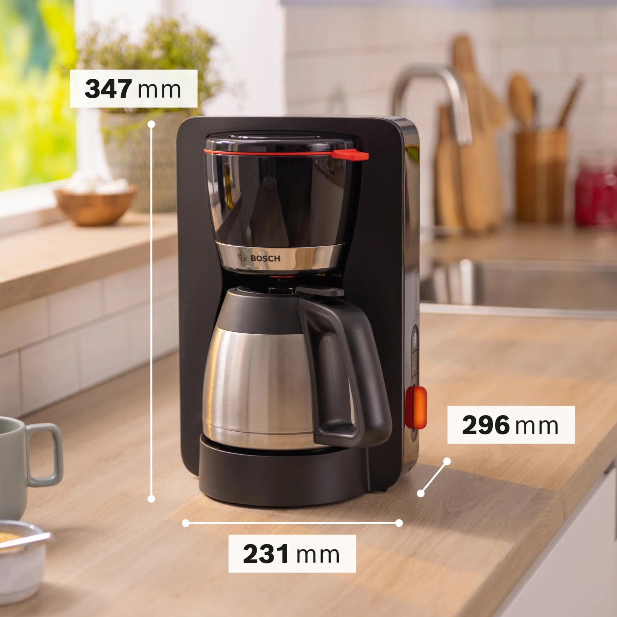Bosch MyMoment TKA6M273 przelewowy ekspres do kawy, dzbanek termiczny 1 l, na 8-12 filiżanek, blokada kapania, obrotowy uchwyt filtrujący, program odkamieniania, zdejmowany zbiornik na wodę, 1200 W,