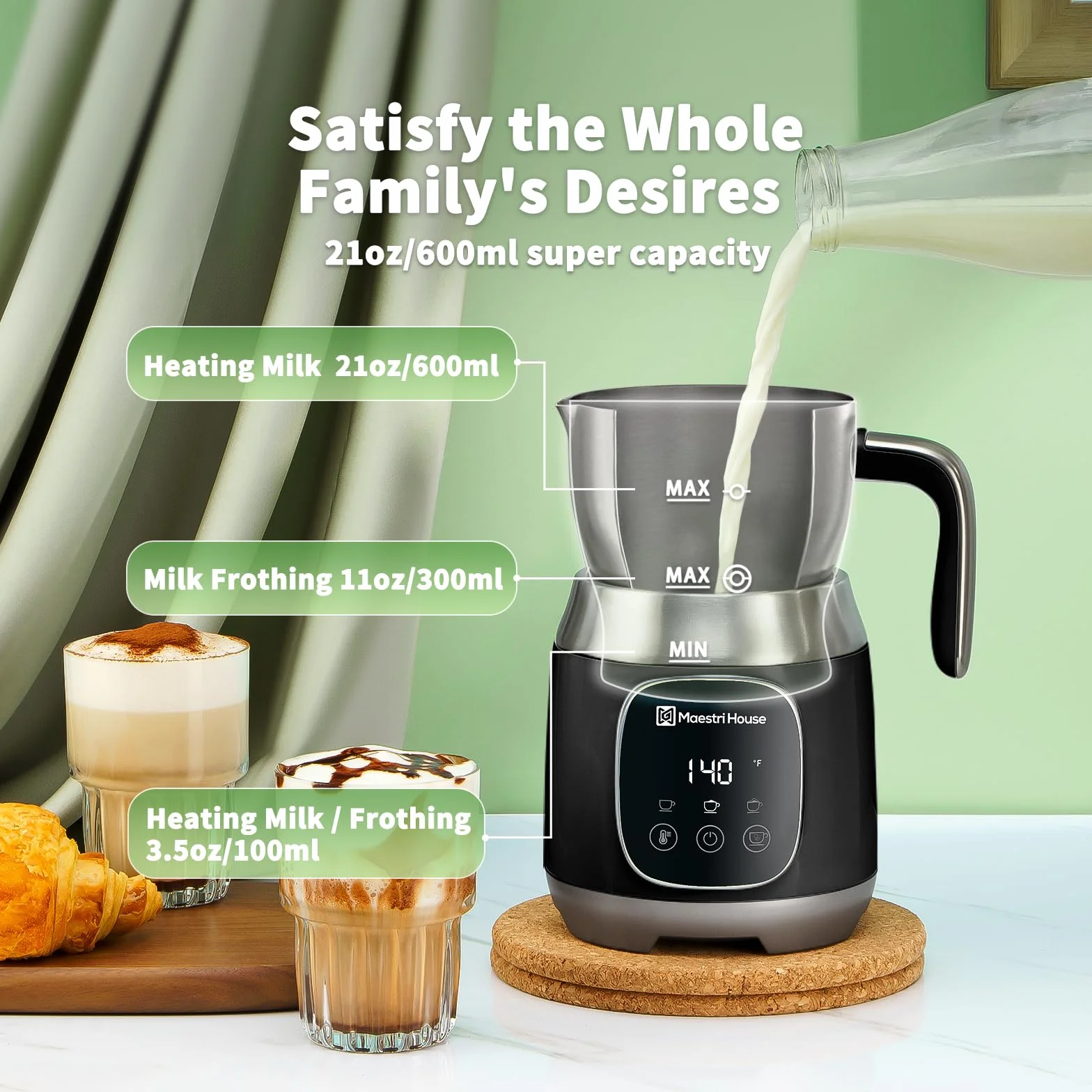 Maestri House 12 w 1 600 ml spieniacz do mleka o zmiennej temperaturze i sile piany, elektryczny spieniacz do mleka, inteligentne sterowanie dotykowe, do latte cappuccino, gorącej czekolady i mleka