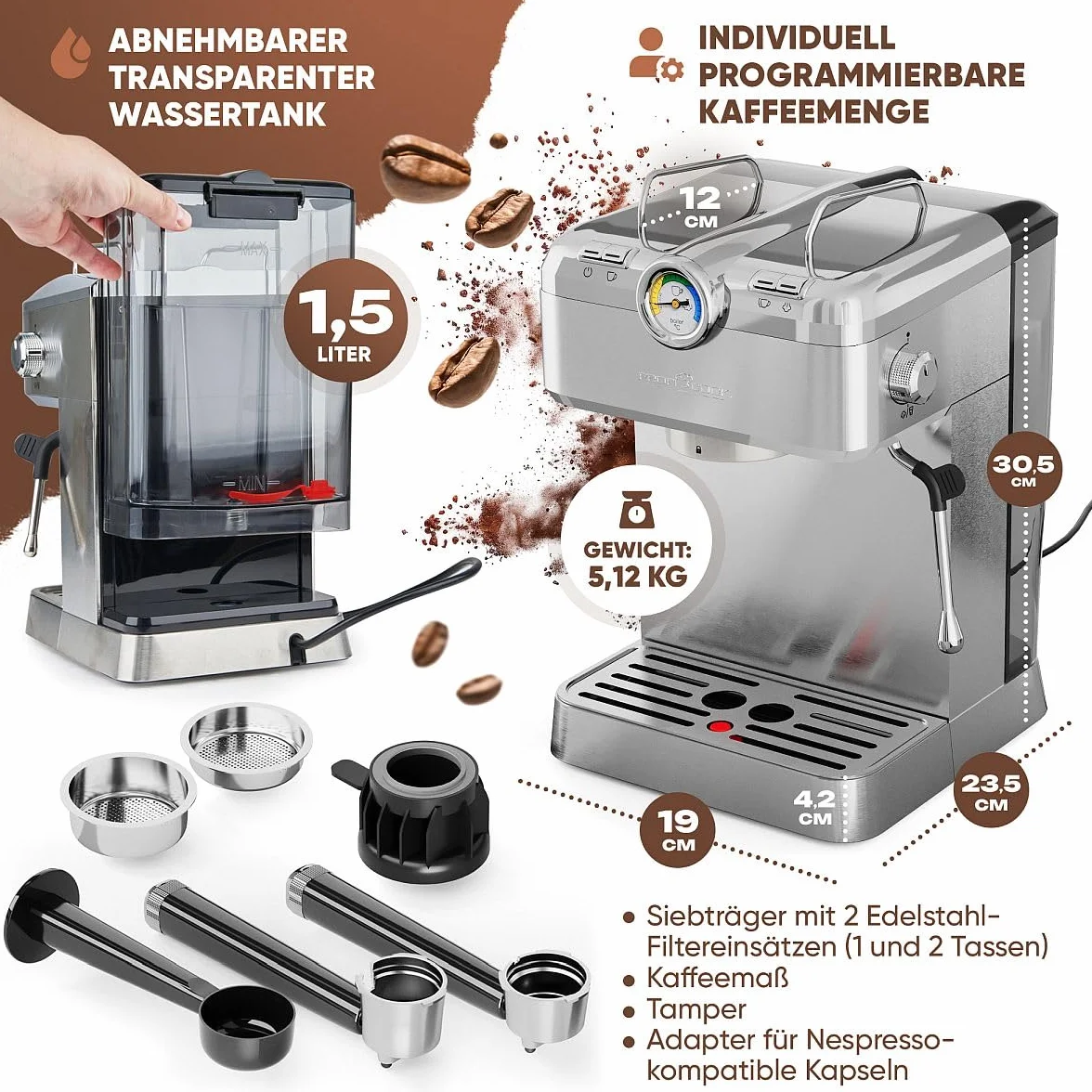 ProfiCook® ekspres do kawy, portafiltr, włoska profesjonalna pompa do espresso, 20 barów, do kawy w proszku i kapsułek kompatybilnych z Nespresso, portafilter do ekspresu do kawy, PC ES 1267