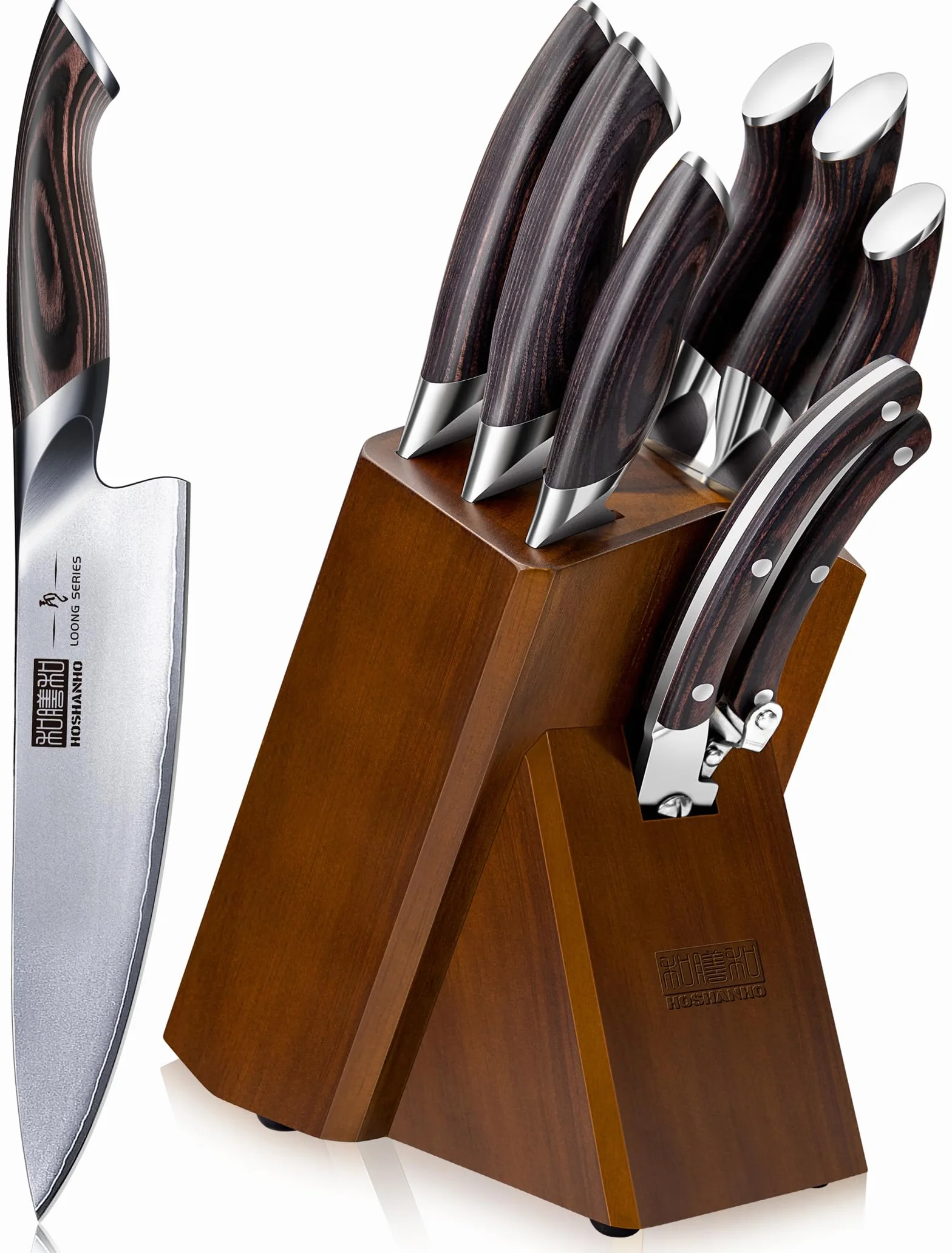 HOSHANHO 8-częściowy zestaw noży kuchennych, zestawy noży kuchennych z japońskim blokiem AUS-10 Super Steel, Ultra ostry profesjonalny zestaw noży szefa kuchni z nożyczkami
