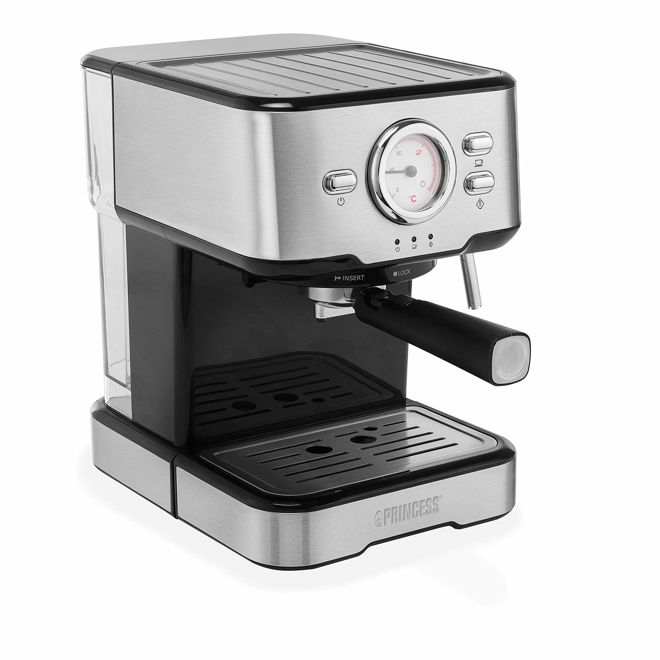 Princess 249412 ekspres do espresso i kapsułek, wykonany ze stali nierdzewnej, również w wariantach spienionego mleka, takich jak cappuccino, latte i espresso macchiato, 20 barów, srebrny