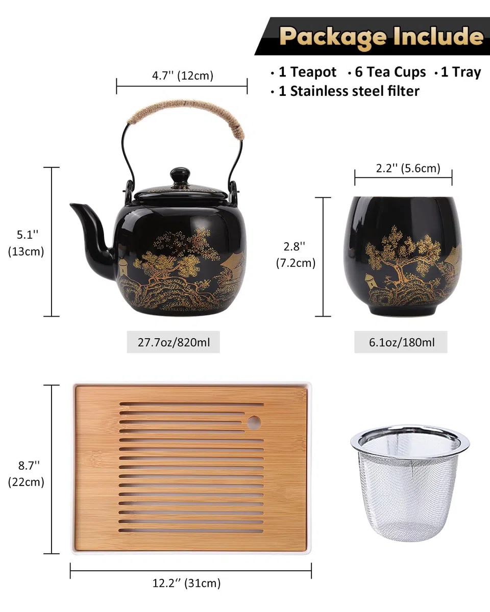 Dujust Japoński zestaw do herbaty, czarny, porcelanowy, z czajnikiem, 6 filiżankami, tacą, zaparzaczem ze stali nierdzewnej, piękny, dla miłośników herbaty, kobiet, mężczyzn, wieś w kolorze złotym