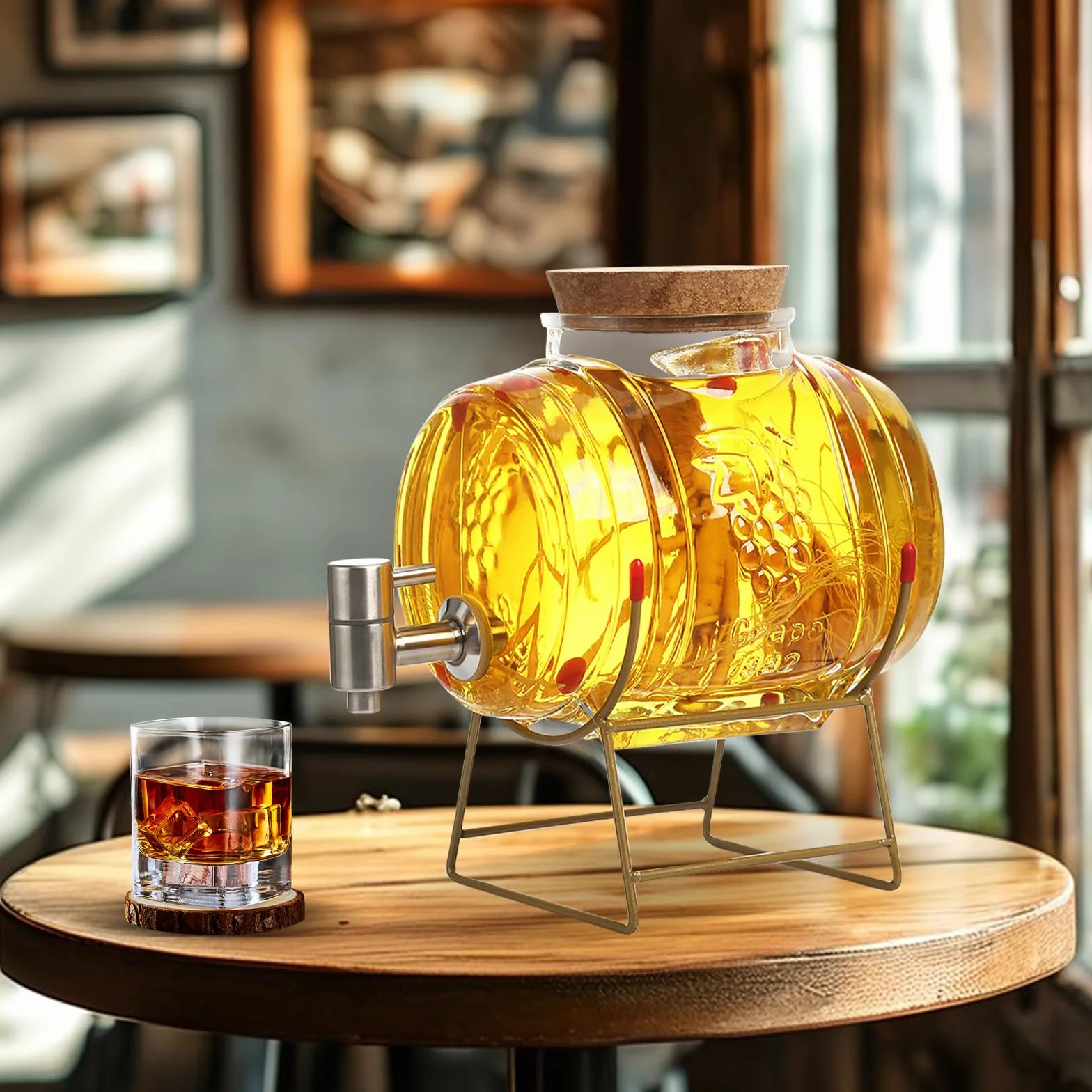 Dozownik do napojów ze stojakiem, 5 l, z kranikiem i korkiem, przezroczysty dozownik alkoholu, zestaw do whisky, brandy, soków, lemoniady (B)