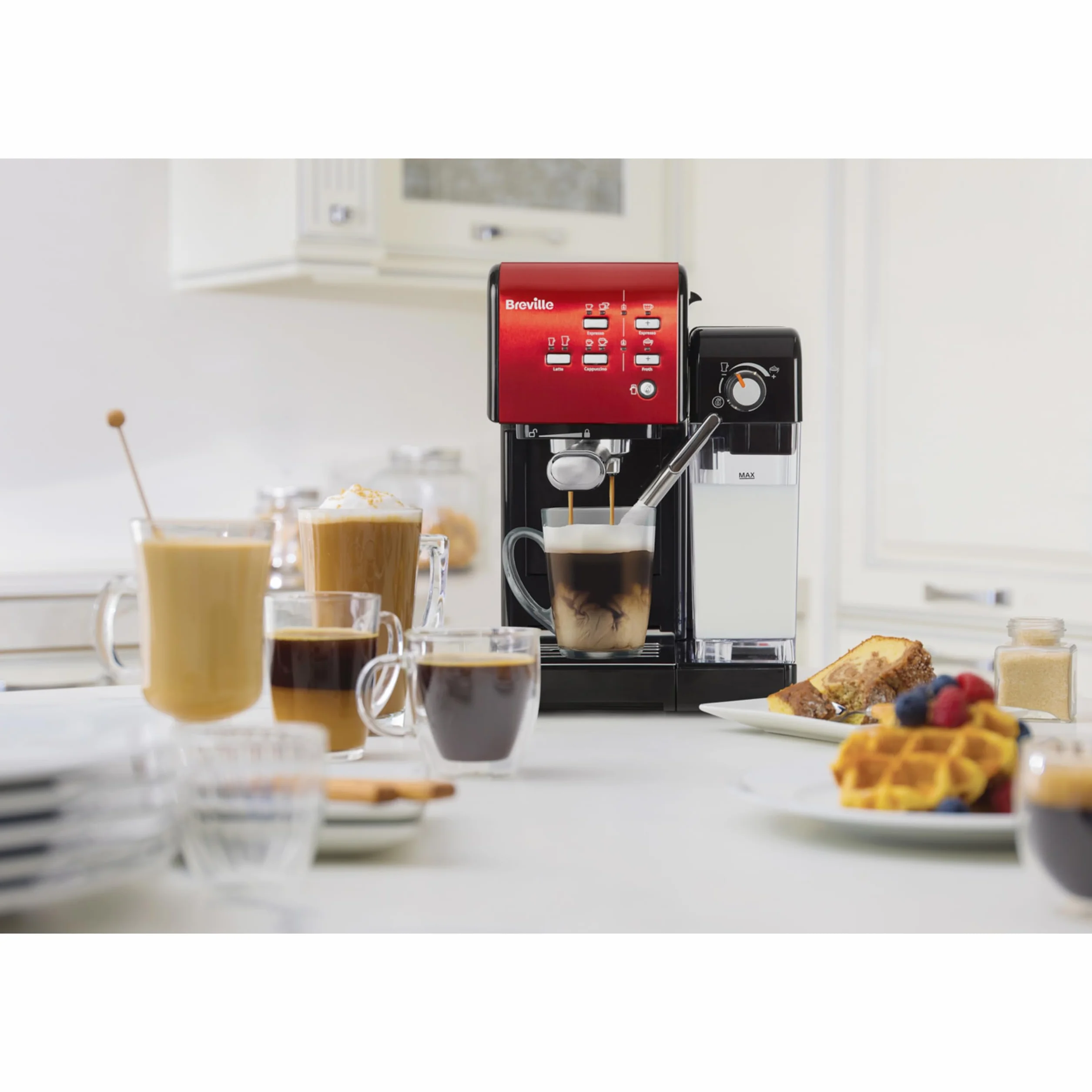 Breville Ekspres do kawy Kolbowy PrimaLatte II VCF109X, 19 Bar, Zintegrowany automatyczny spieniacz do mleka, wyjmowany pojemnik na mleko, Czerwony