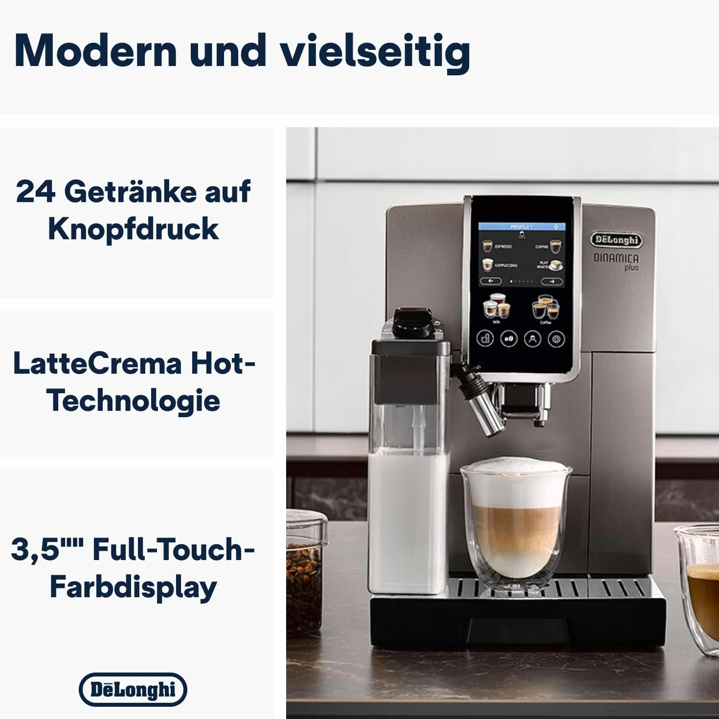 De'Longhi Dinamica Plus ECAM380.95.TB automatyczny ekspres do kawy z systemem mlecznym LatteCrema One-Touch Cappuccino z 24 przepisami, kolorowy wyświetlacz TFT o przekątnej 3,5 cala, 1450 W,