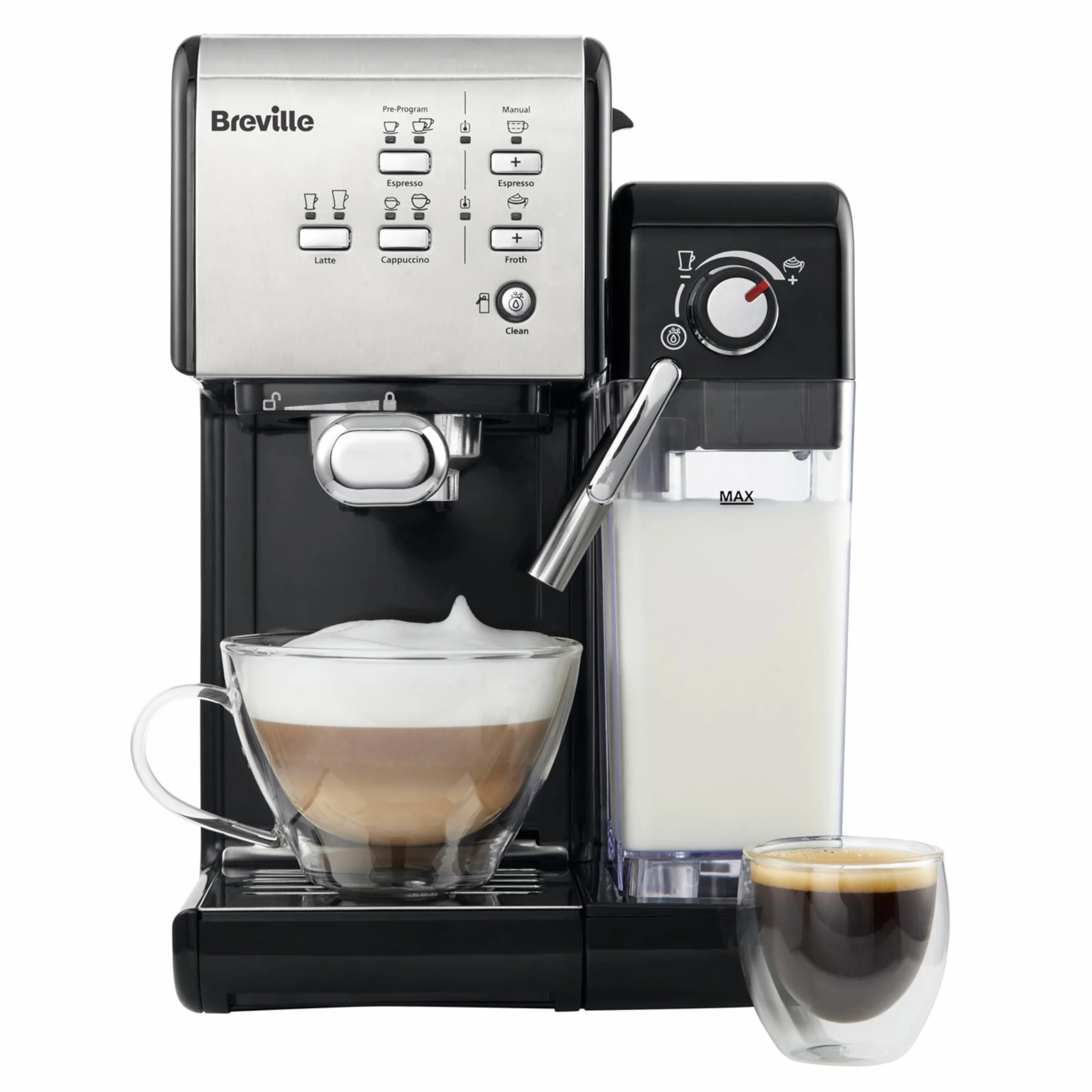 Breville Ekspres do kawy Kolbowy PrimaLatte II VCF108X, 19 Bar, Zintegrowany automatyczny spieniacz do mleka, wyjmowany pojemnik na mleko, Srebrny