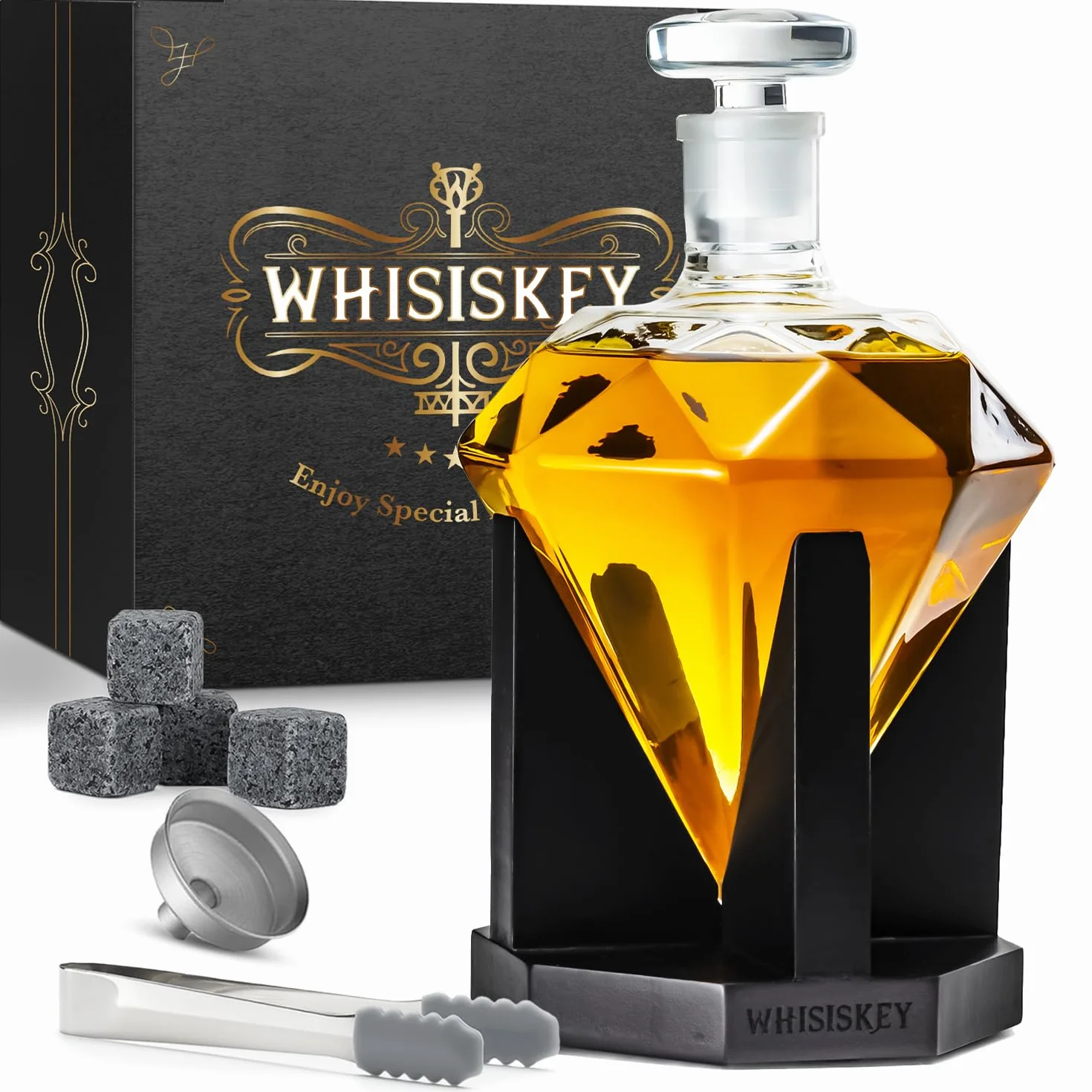 WHISISKEY Zestaw Karafka do Whisky - Zestaw Prezentowy Whiskey - Prezenty dla Mężczyzn - Pomysły na Prezent dla Mężczyzny - Diamentowa Karafka 700ML, 4 Kamienie do Whisky, Akcesoria