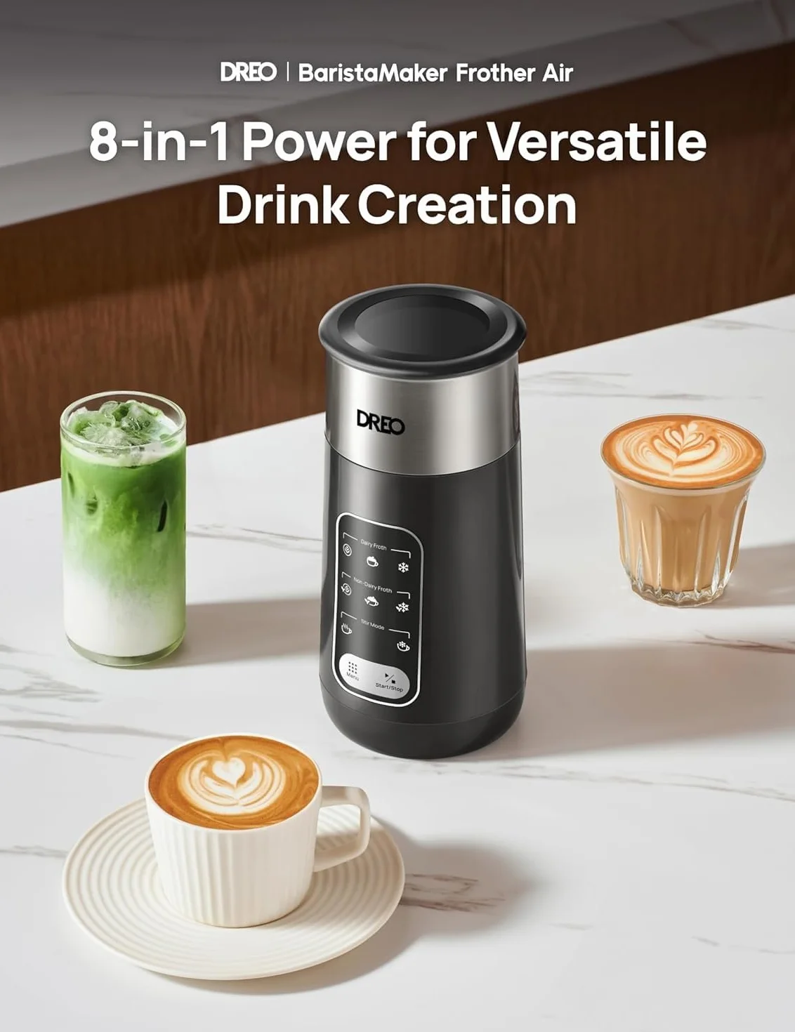 Dreo Spieniacz do mleka, elektryczny spieniacz 8 w 1, do kawy Latte Art, 270 ml, gorąca i zimna pianka, automatyczny podgrzewacz do mleka mlecznego i niemlecznego z diodami LED, łatwy do czyszczenia,
