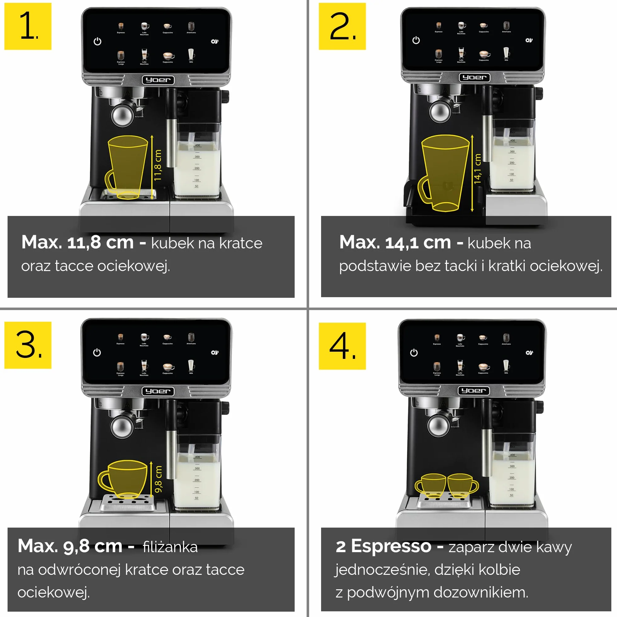 YOER Creamo EMF03BK, w pełni automatyczny ekspres do espresso, 20 bar, 1350 W, 1,8 l, 6 automatycznych programów, automatyczne spienianie mleka, regulacja ilości kawy i mleka, automatyczny
