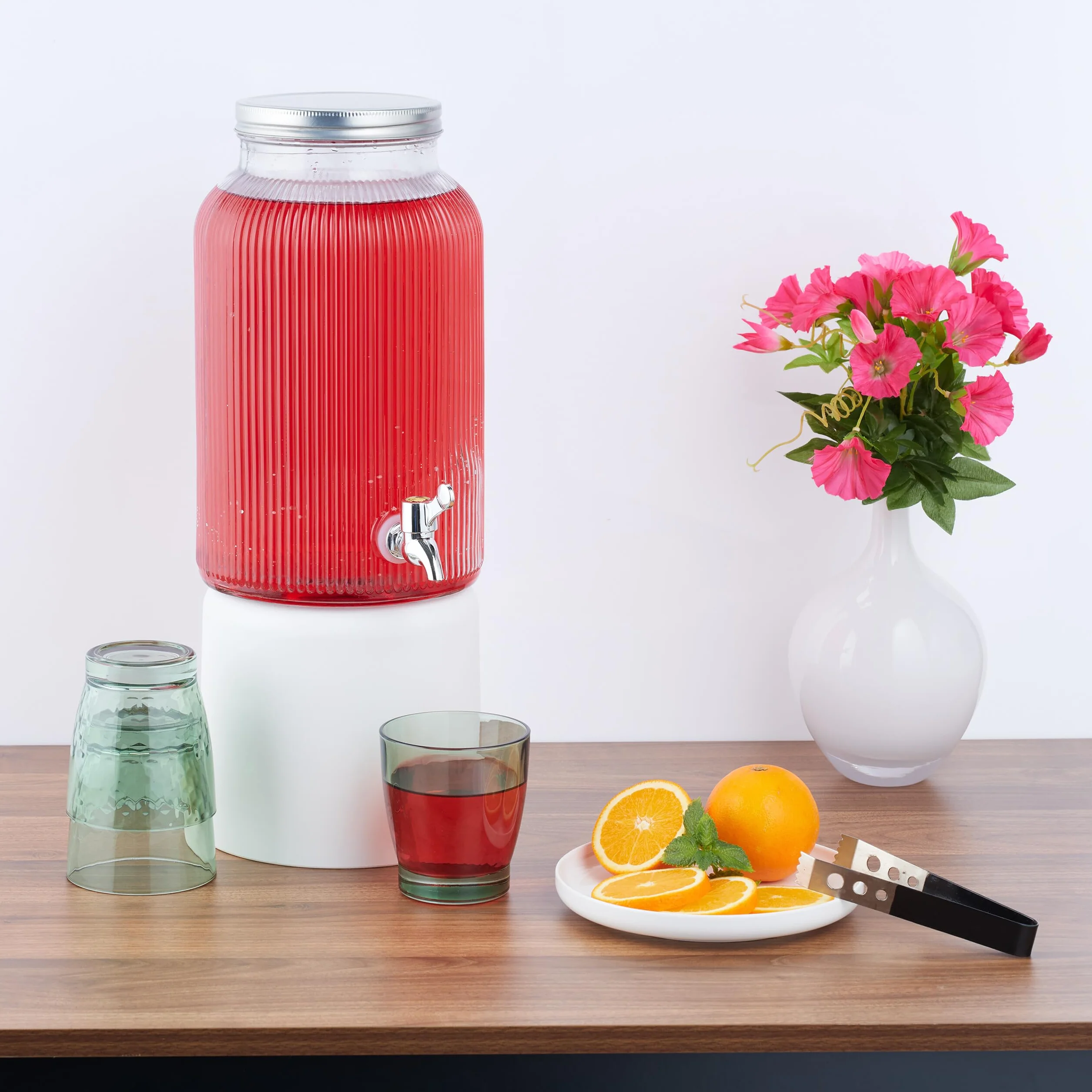 Relaxdays dozownik napojów, karbowany dozownik na lemoniadę, 5 l, kran i pokrywka, dzbanek na sok, szklany i żelazo, przezroczysty