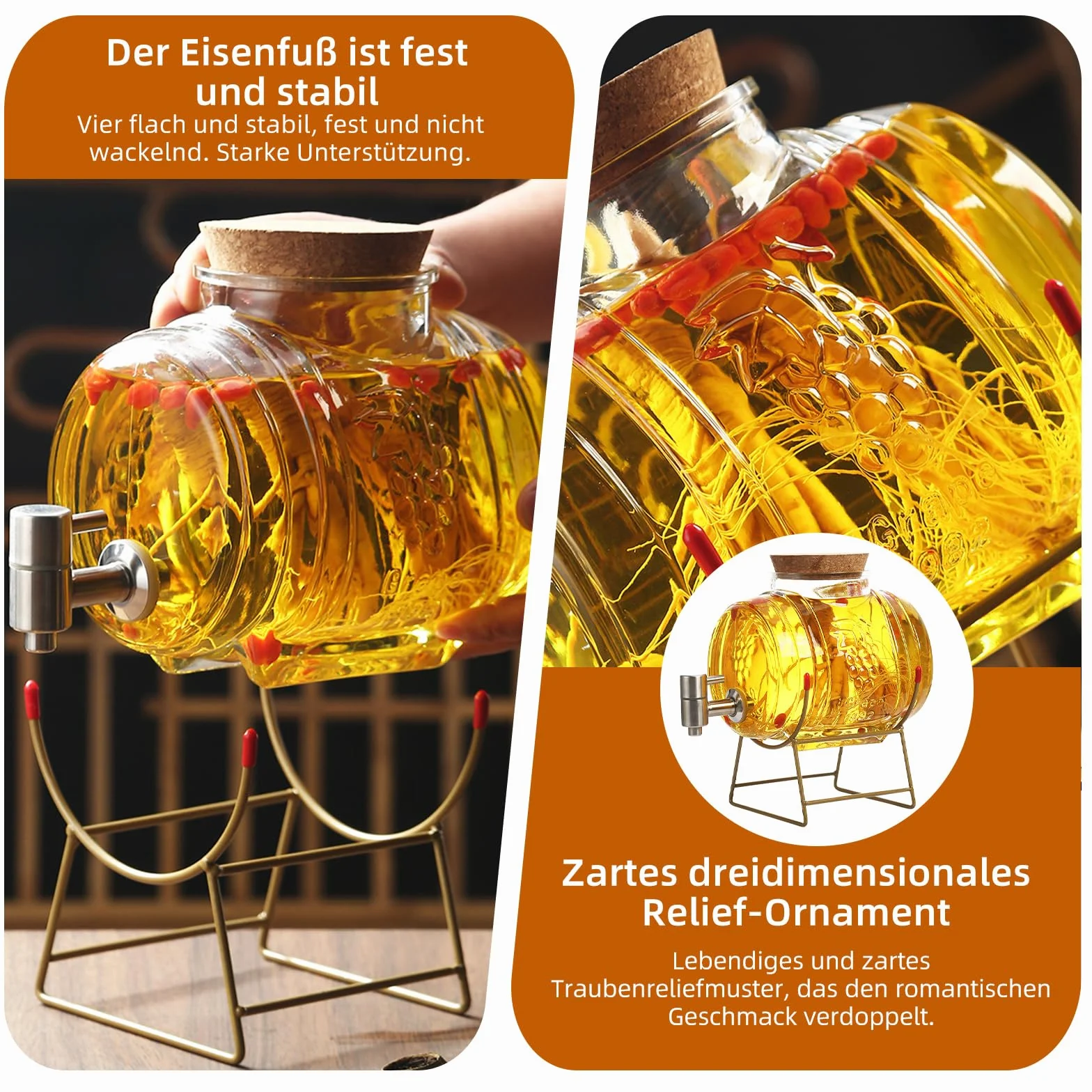 Dozownik do napojów ze stojakiem, 5 l, z kranikiem i korkiem, przezroczysty dozownik alkoholu, zestaw do whisky, brandy, soków, lemoniady (B)