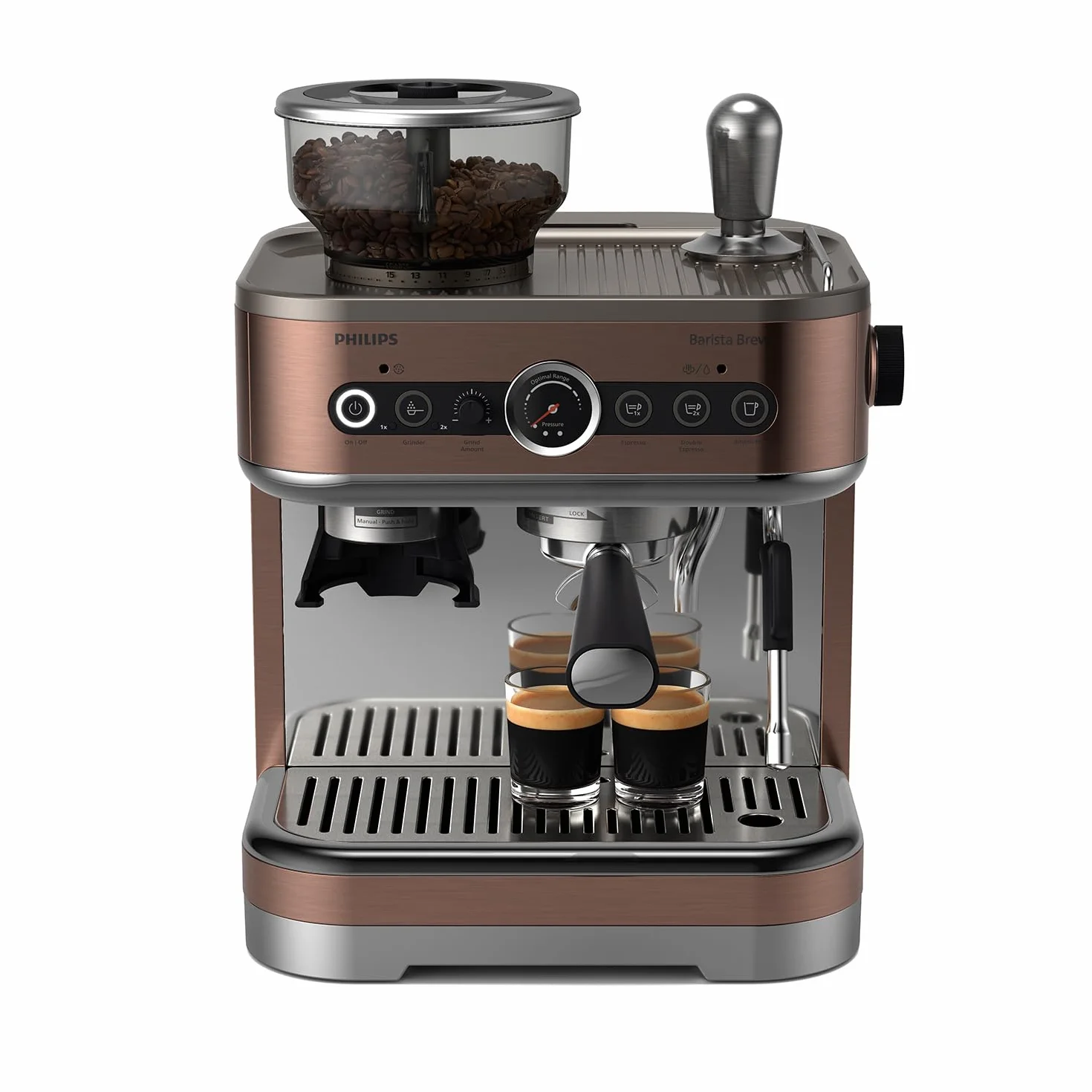 Półautomatyczny ekspres do kawy PHILIPS Barista Brew - pojedyncze i podwójne espresso + przycisk Americano, podwójny pojemnik na kawę ziarnistą, kalibrowane ubijanie, metalowe cappuccino (PSA3228/41)
