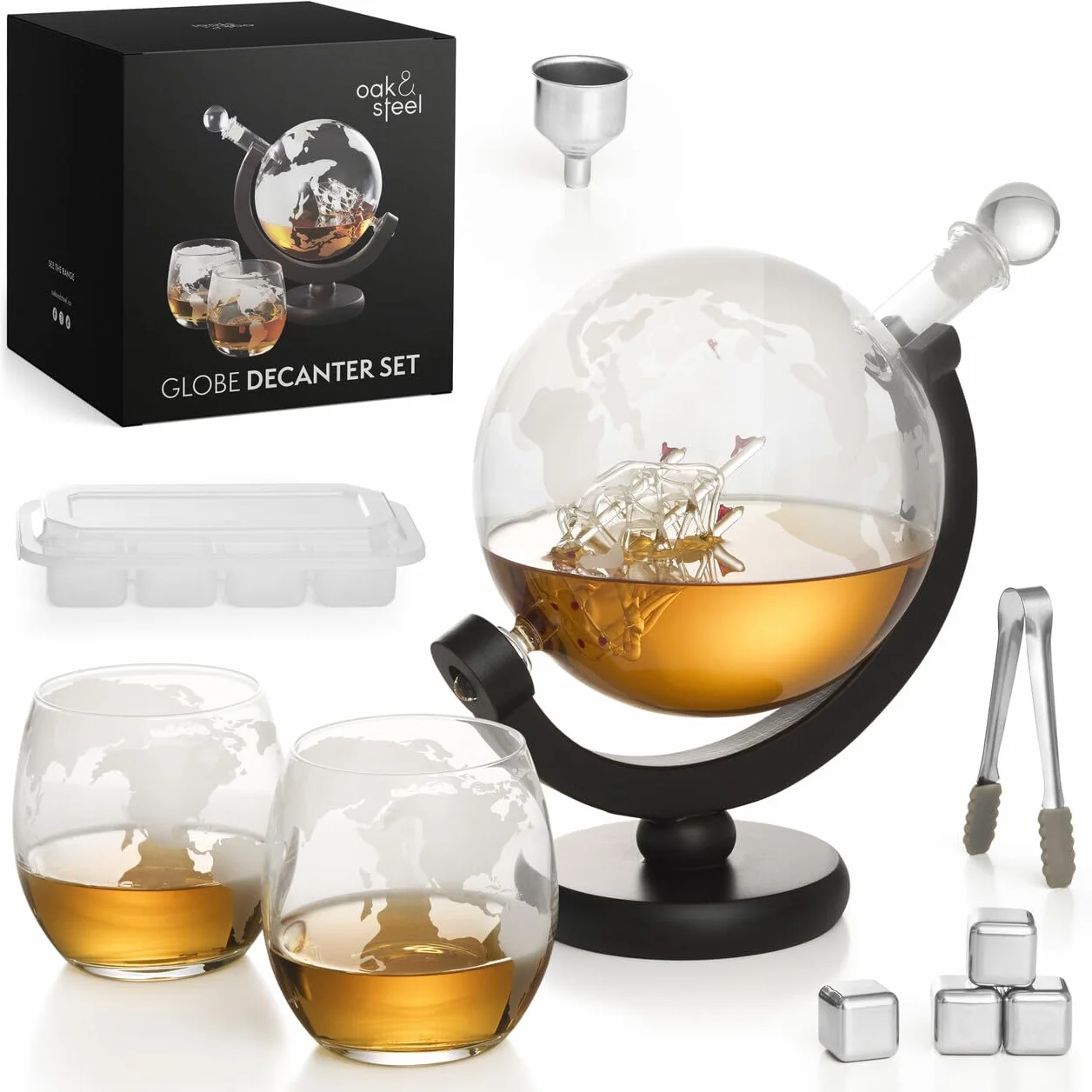 Oak & Steel - Karafka do Whisky Globe (XL 1500ml) z 2 Szklankami, 4 Kamieniami Whisky ze Stali Nierdzewnej, 1 Szczypcami do Lodu i Nie Tylko - Prezent dla Mężczyzn, Dzień Ojca, Boże Narodzenie