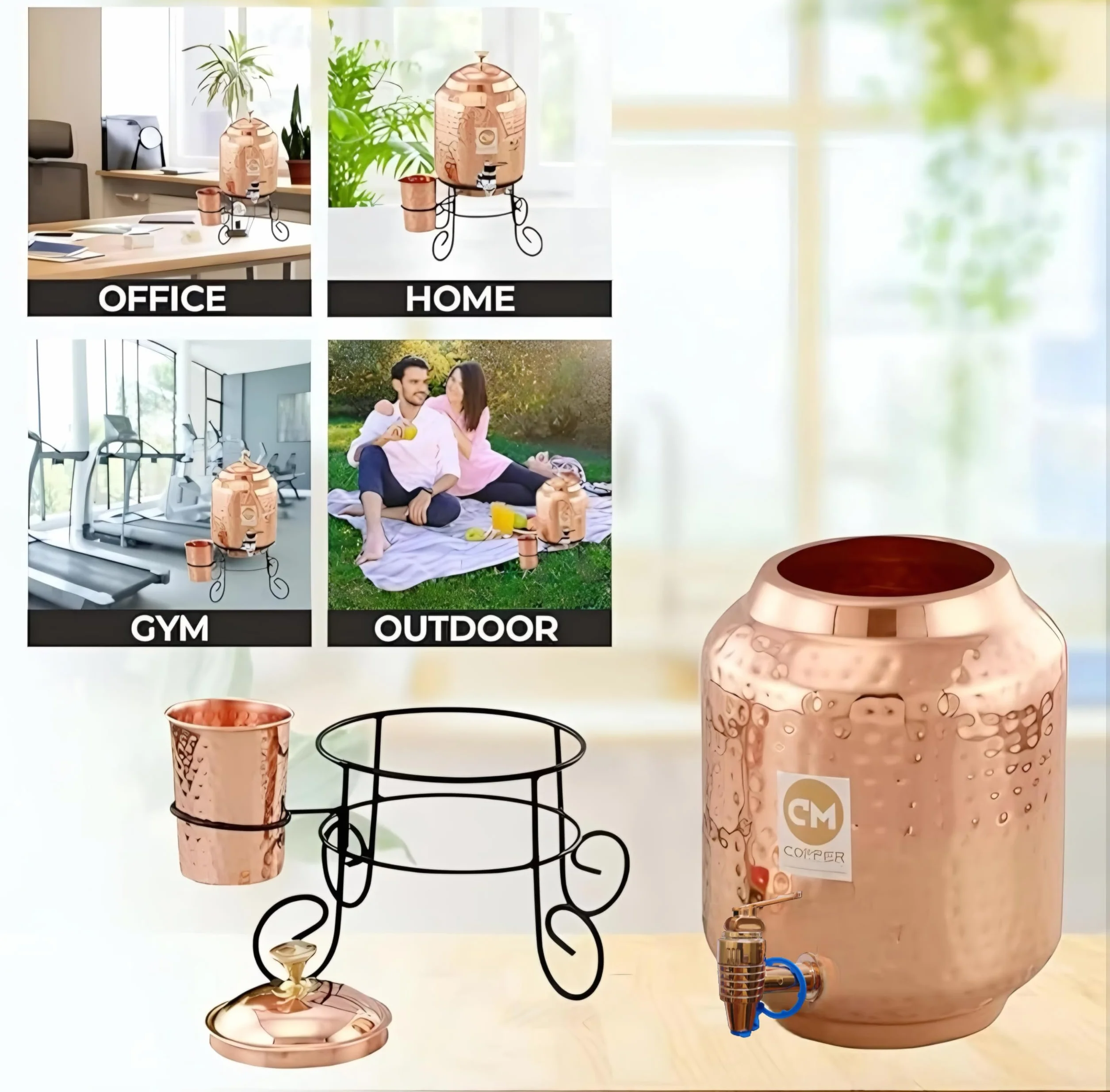 Copper-Master Pojemnik z dozownikiem wody młotkowanej o pojemności 5 l, z 1 miedzianym szkłem i podstawką, czysta miedź i ajurwedyjskie korzyści zdrowotne (5000 ml)