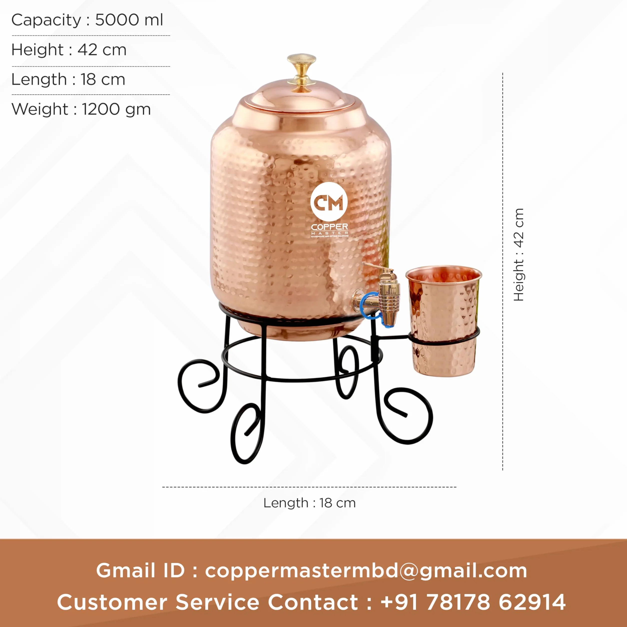Copper-Master Pojemnik z dozownikiem wody młotkowanej o pojemności 5 l, z 1 miedzianym szkłem i podstawką, czysta miedź i ajurwedyjskie korzyści zdrowotne (5000 ml)