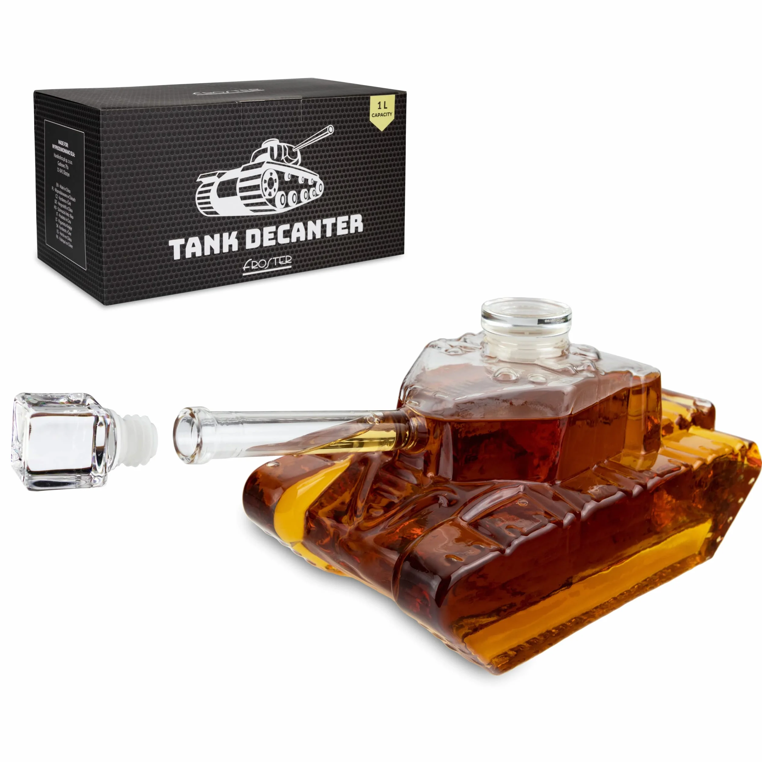 Froster Karafka Czołg, 1000ml Szklana Karafka do Whisky, Wódki, Nalewki, na Alkohol, Prezent dla Faceta, Chłopaka, Męża, Taty, Żołnierza, Gadżet na 18, 30, 40 Urodziny Mężczyzny