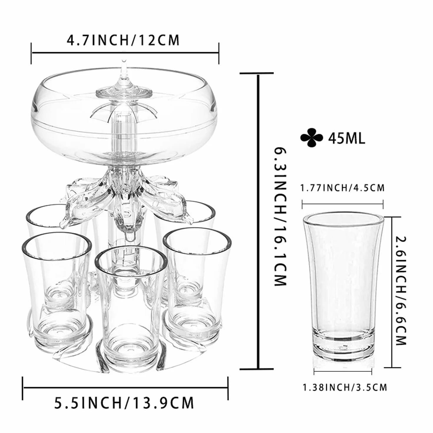 Transplant Dozownik do napojów z 6 kieliszkami 45 ml, zestaw, do zabawy, akrylowy, bezdotykowy dozownik soków, alkoholi, cydru, whisky, koktajli, zabawne akcesoria barowe i domowe, V2