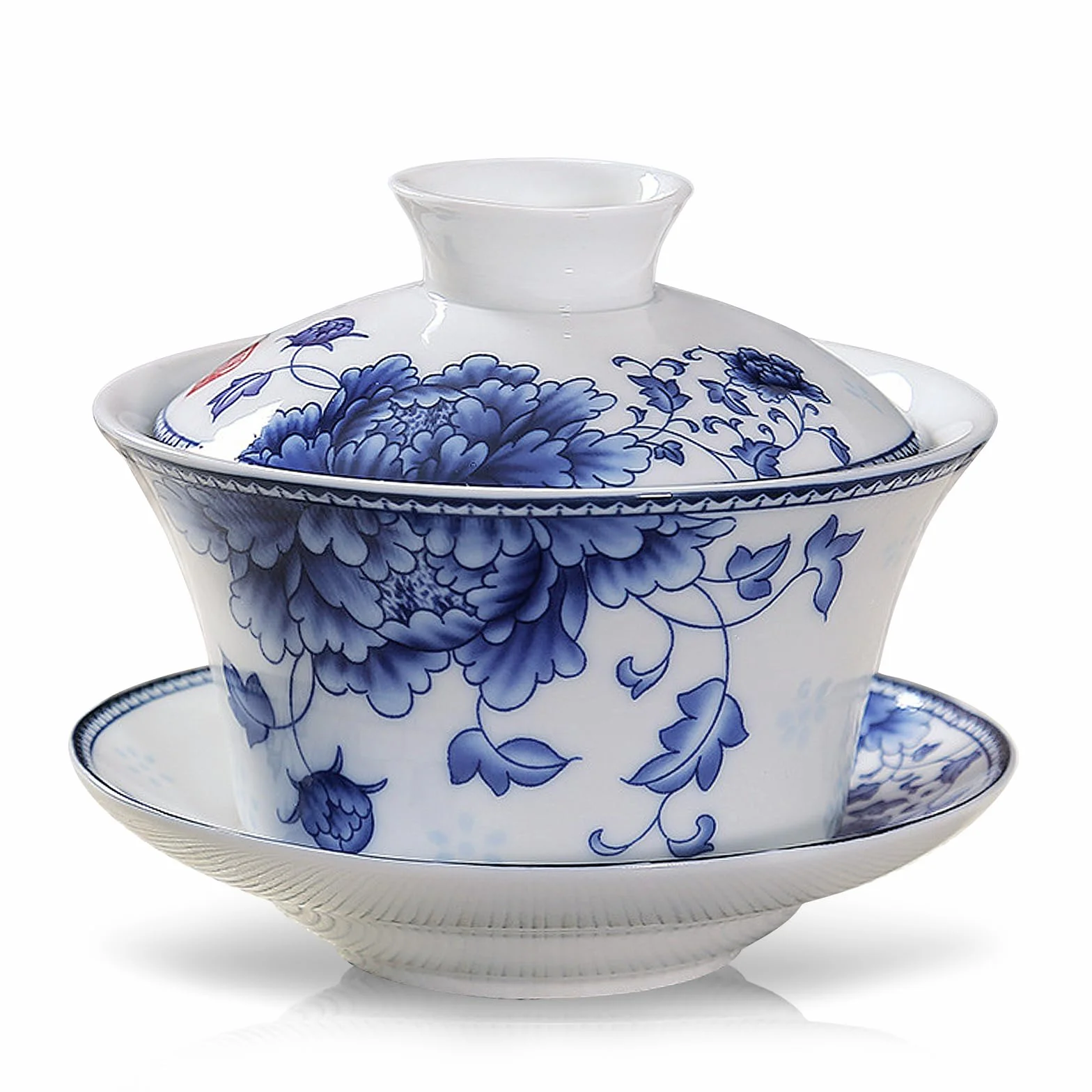 fanquare Gaiwan Chińska miska z pokrywką 220 ml bogata szlachetna piwonia styl porcelanowa filiżanka do herbaty Gongfu ze spodkiem i pokrywką niebiesko-biały serwis do herbaty do wystroju domu