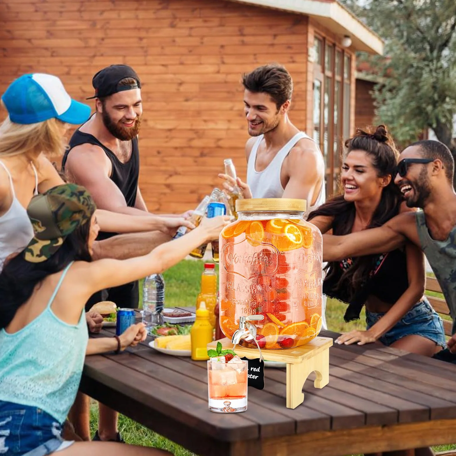 Dozownik do napojów ze stojakiem, 7,6 l, szklany dozownik do napojów z kranikiem z litej stali nierdzewnej, do mrożonych soków, wody, domowych napojów, na imprezy, wesela