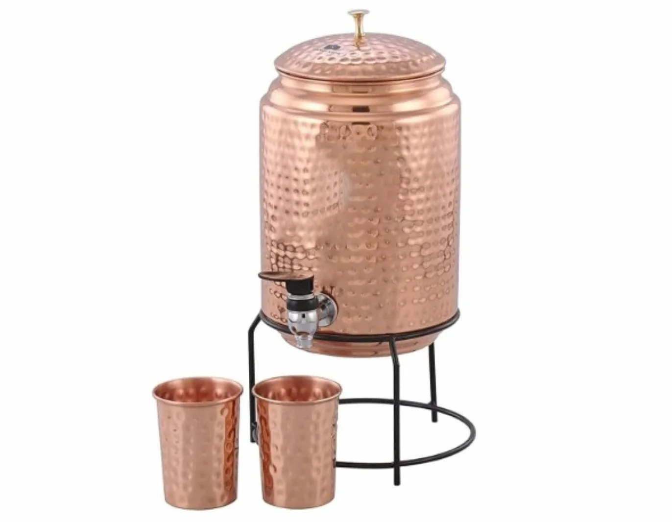Dozownik wody z młotkowanej miedzi, 5 litrów, ajurwedyjskie korzyści zdrowotne, pojemnik z 2 miedzianymi szklankami (300 ml) i stojakiem