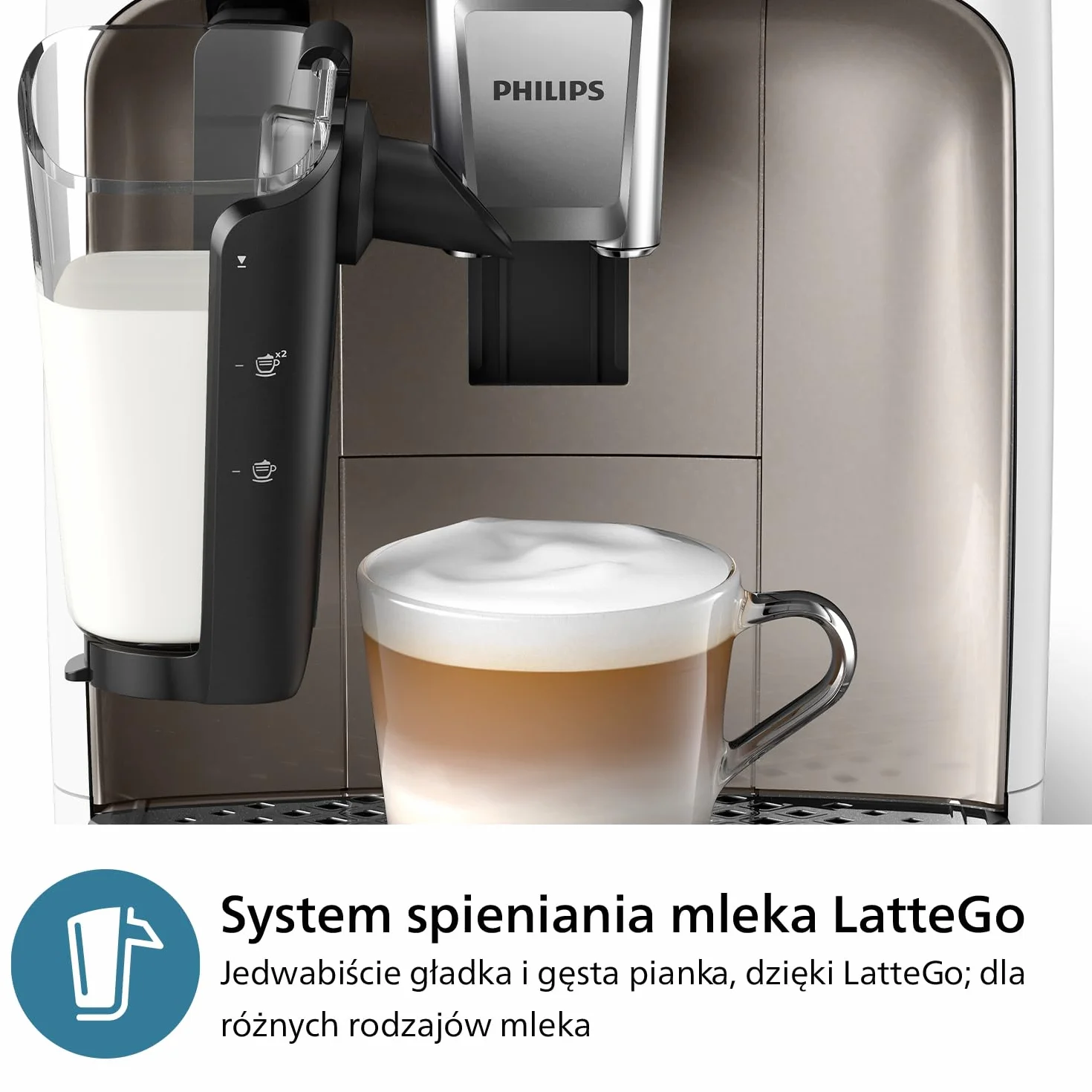 Philips Seria 2300 W Pełni Automatyczny Ekspres Do Kawy – 4 Napoje, Nowoczesny, kolorowy ekran dotykowy, LatteGo, SilentBrew, Ceramiczny Młynek, Filtr AquaClean, Kolor Biały Chrom (EP2333/40)