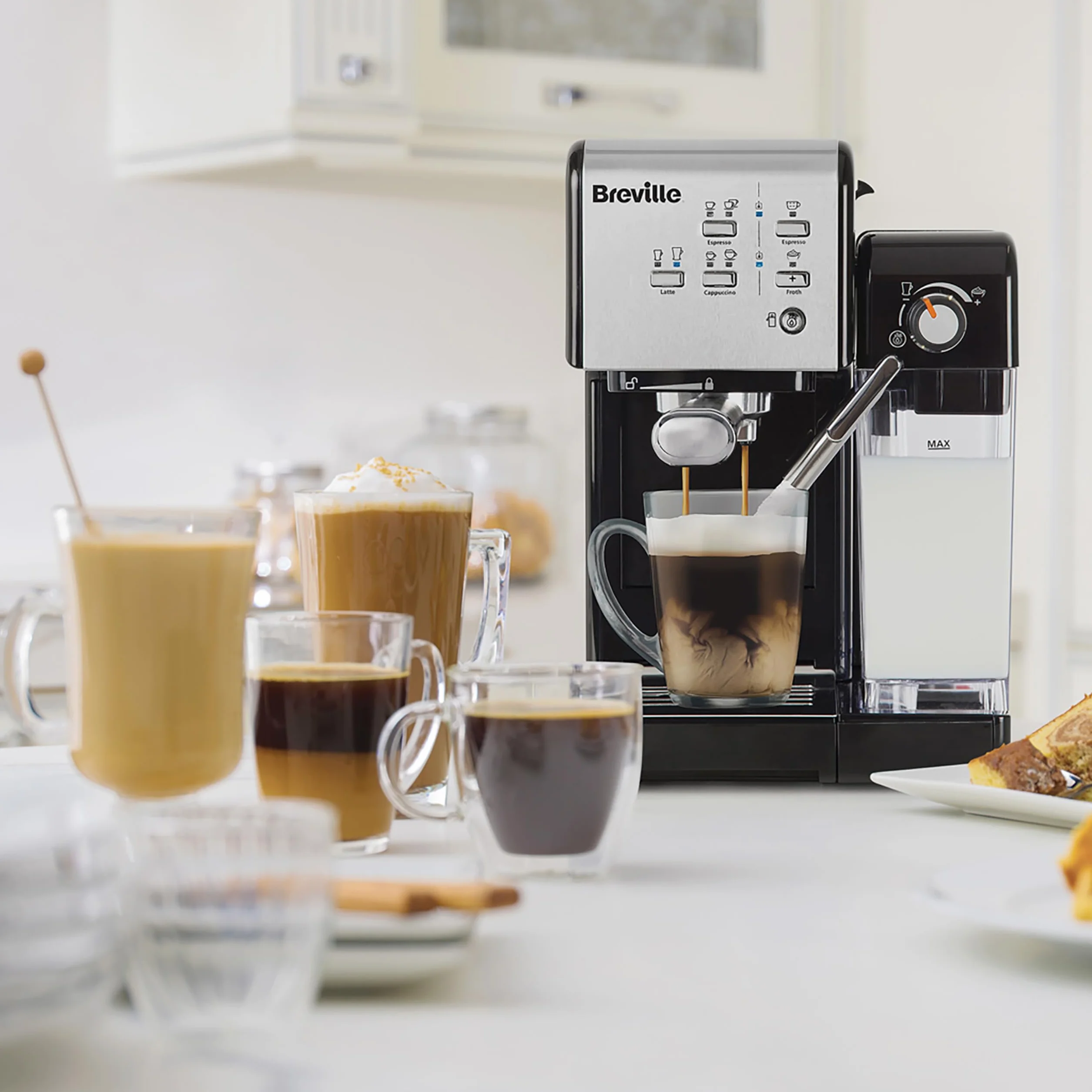 Breville Ekspres do kawy Kolbowy PrimaLatte II VCF108X, 19 Bar, Zintegrowany automatyczny spieniacz do mleka, wyjmowany pojemnik na mleko, Srebrny