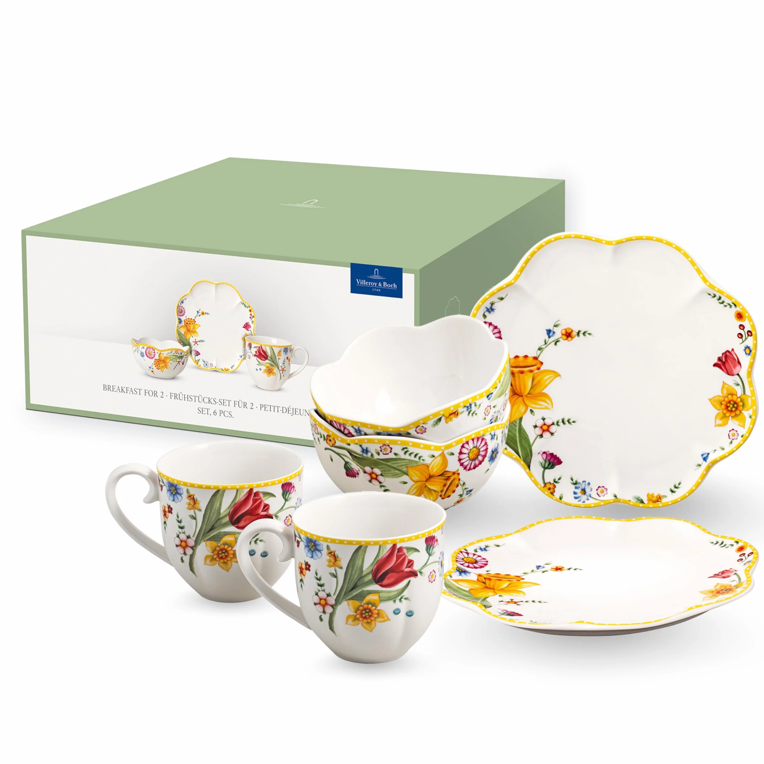 Villeroy & Boch Spring Awakening zestaw śniadaniowy dla 2 osób, 6-częściowy, zestaw naczyń wielkanocnych, śniadanie, Wielkanoc, serwis do kawy, naczynia na wiosnę, porcelana