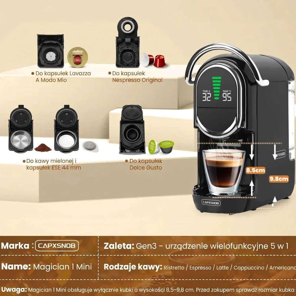 Magician1 Mini Ekspres do kawy 5 w 1, Nespresso, Dolce Gusto, Lavazza A Modo Mio, ESE 44mm, 20 Bar, 1450W