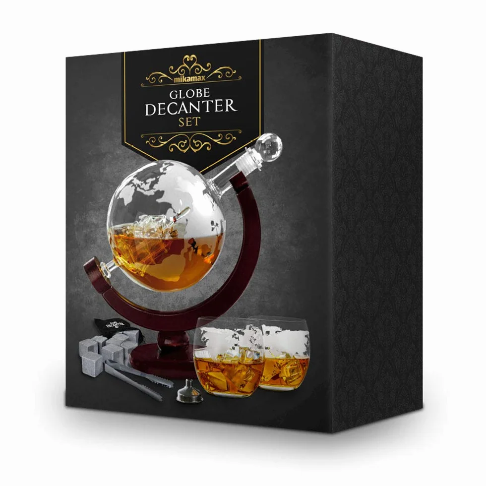 MikaMax - zestaw z karafką Globe - karafka do whisky - z dwoma kieliszkami - ręcznie wykonana - przezroczysta - 850 ml - karafka z hermetycznym uszczelnieniem