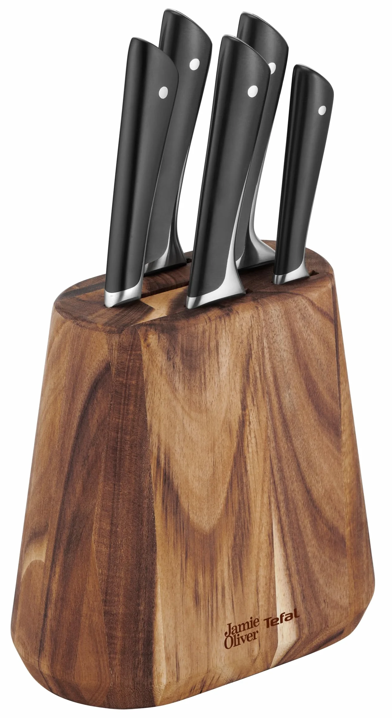TEFAL K267S556 Jamie Olivier, 5-częściowy blok na noże, 5 noży kuchennych + drewniany blok na noże, wysoka wydajność cięcia, niepowtarzalne wzornictwo, wytrzymałe i trwałe ostrza, Brązowy/Czarny
