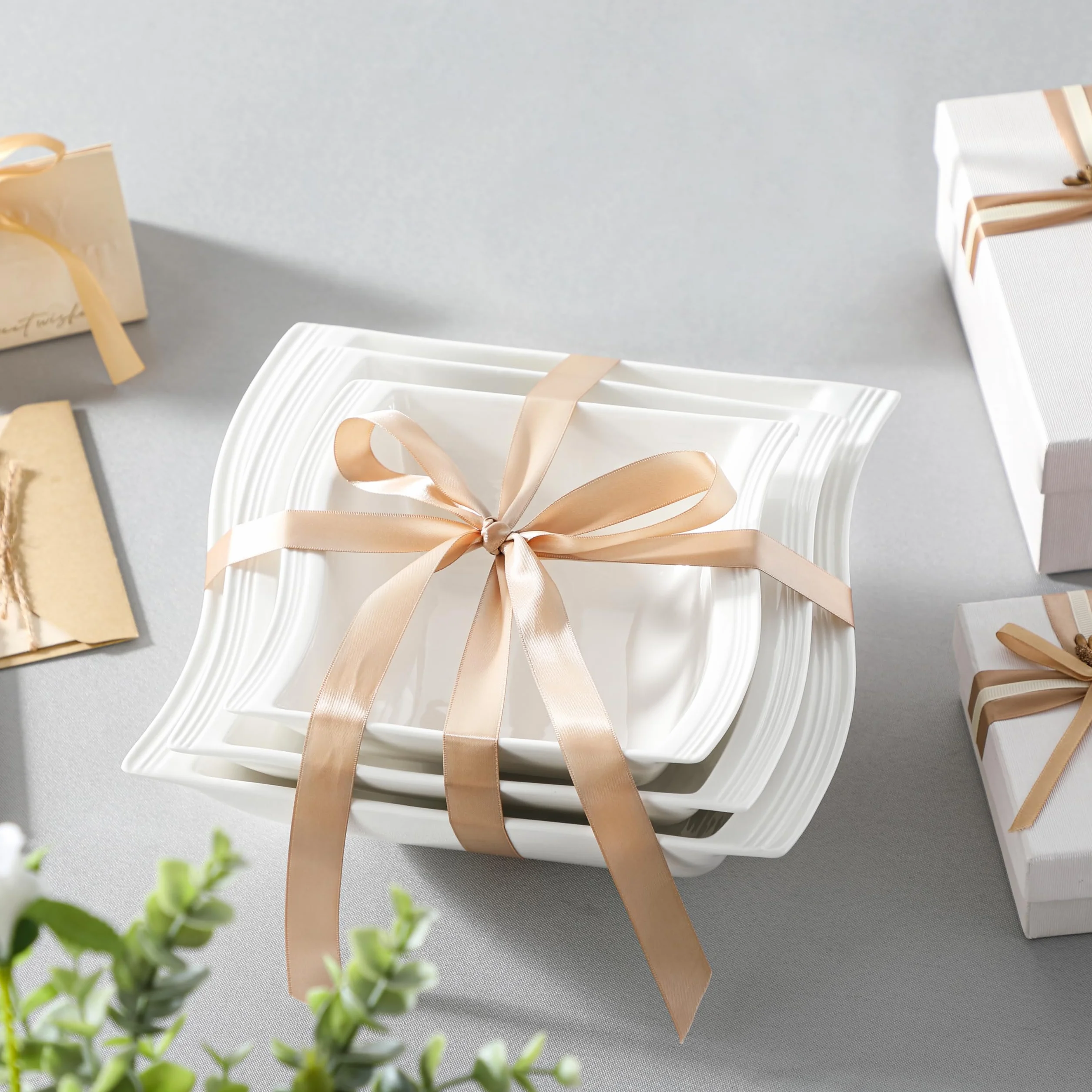 MALACASA Seria Flora – 3-częściowy zestaw porcelanowych misek w kolorze kości słoniowej z 1 kwadratową miską 18 cm, 1 kwadratową miską 21,5 cm i 1 kwadratową miską 25 cm