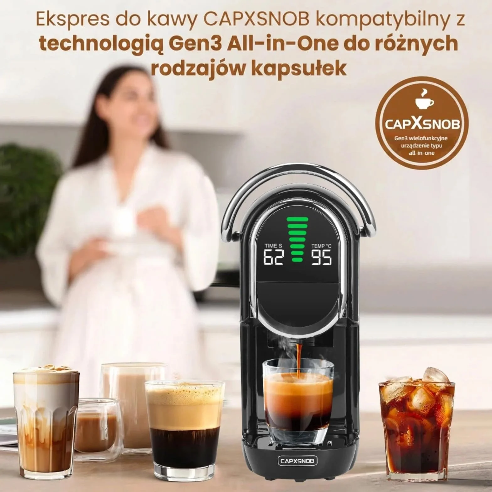 Magician1 Mini Ekspres do kawy 5 w 1, Nespresso, Dolce Gusto, Lavazza A Modo Mio, ESE 44mm, 20 Bar, 1450W