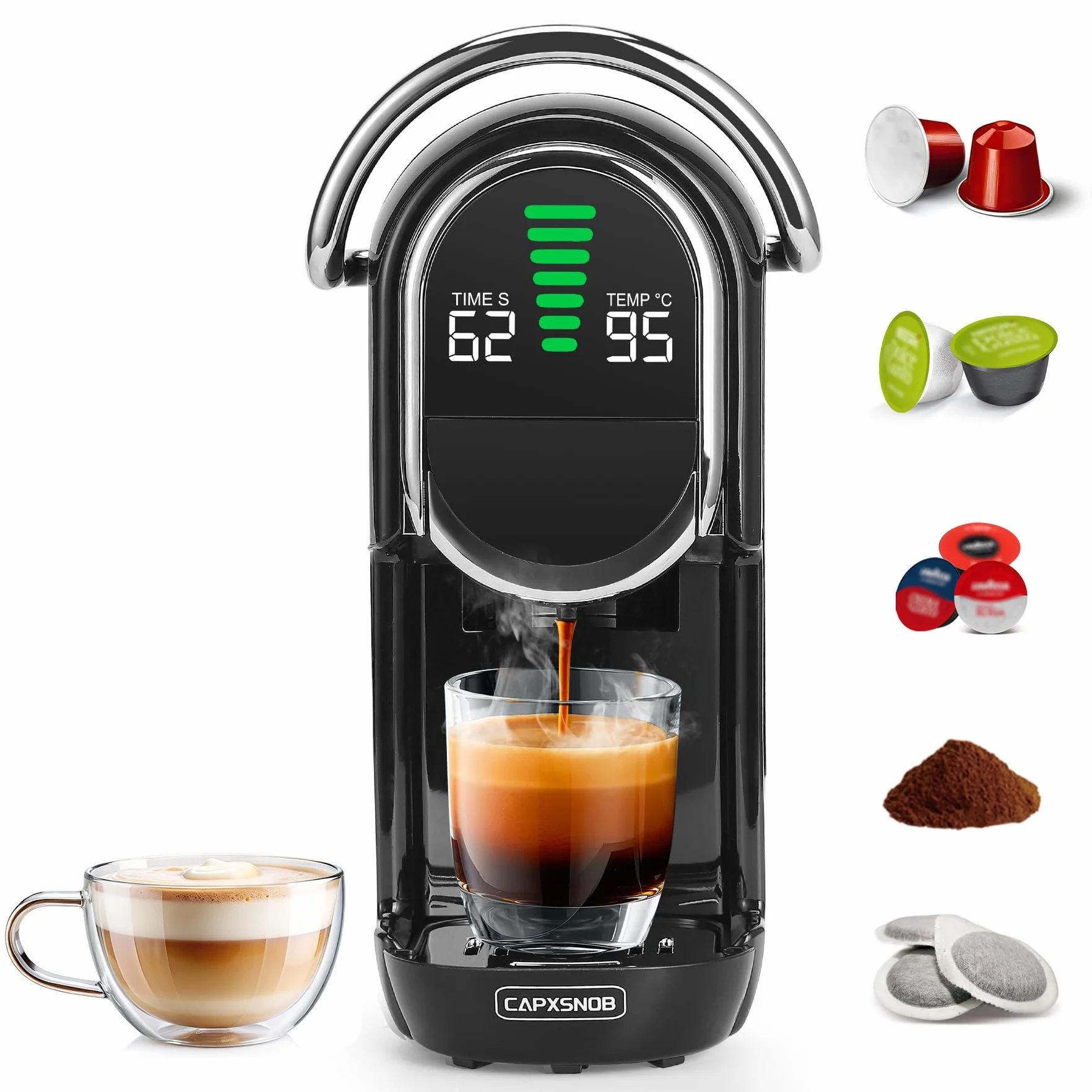 Magician1 Mini Ekspres do kawy 5 w 1, Nespresso, Dolce Gusto, Lavazza A Modo Mio, ESE 44mm, 20 Bar, 1450W