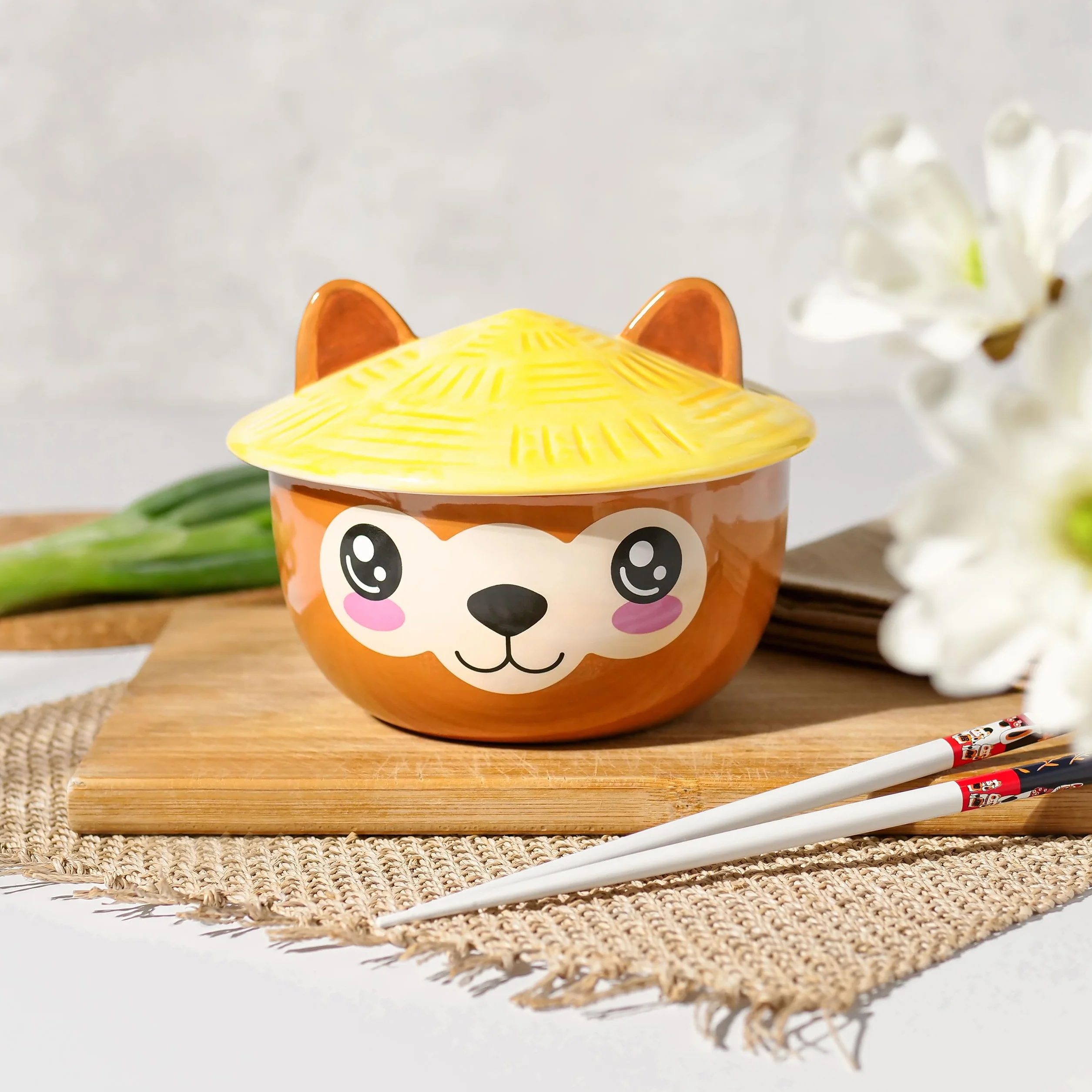 Elbenwald Alpaka Kawaii miska z pokrywką dla fanów anime Ramen miska na płatki śniadaniowe z nadrukiem dookoła 550 ml ceramiczna brązowy