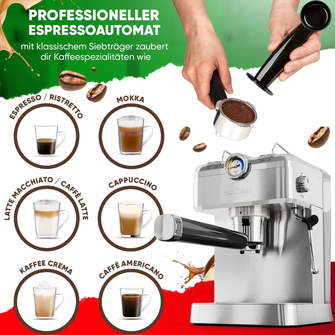 ProfiCook® ekspres do kawy, portafiltr, włoska profesjonalna pompa do espresso, 20 barów, do kawy w proszku i kapsułek kompatybilnych z Nespresso, portafilter do ekspresu do kawy, PC ES 1267