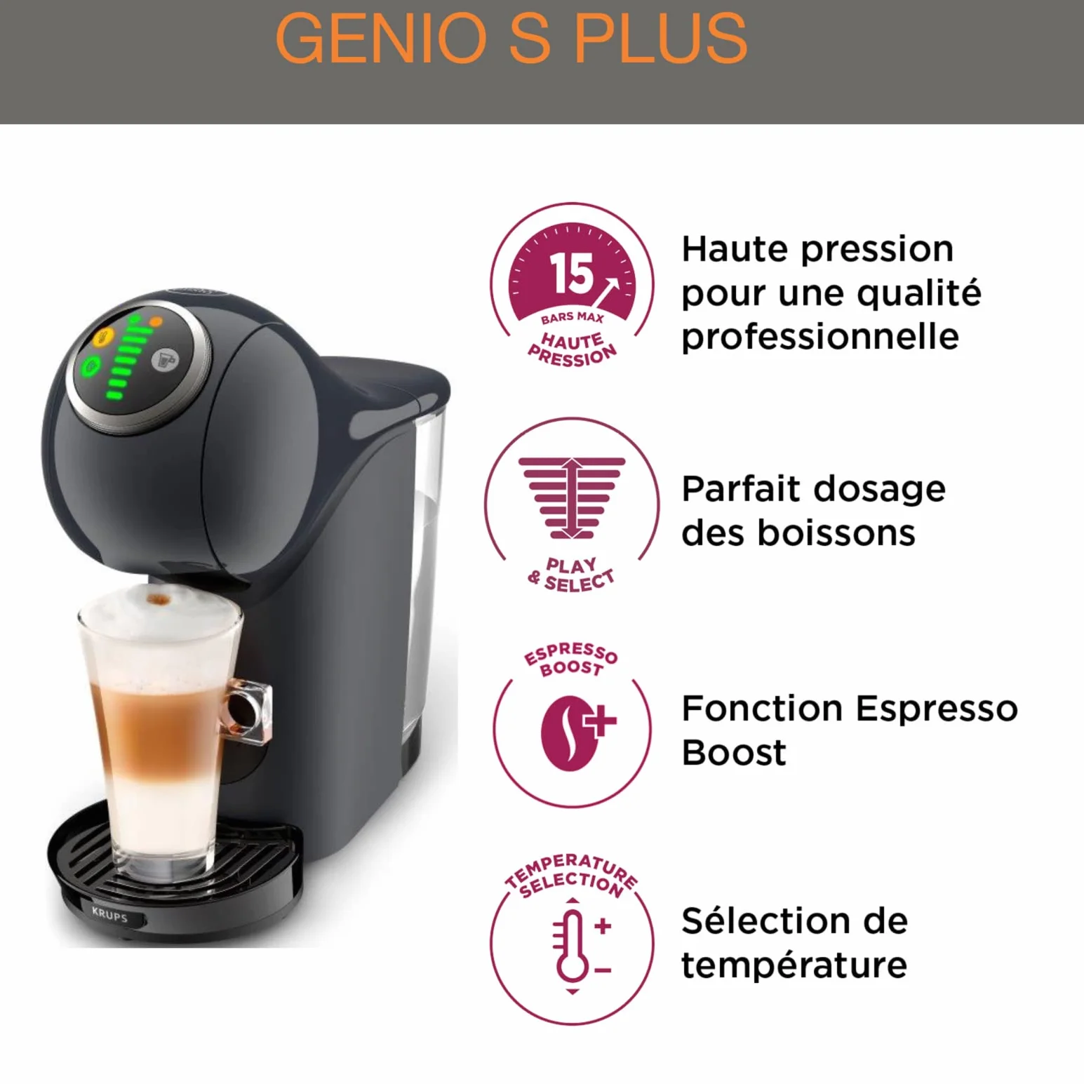 Krups KP340B NESCAFÉ Dolce Gusto Genio S Plus ekspres do kapsułek, espresso Boost, wybór temperatury, gorące i zimne napoje, ciśnienie pompy z 15 bar, zbiornik na wodę o pojemności 0,8 l, 1500 W, kolor Cosmic Grey